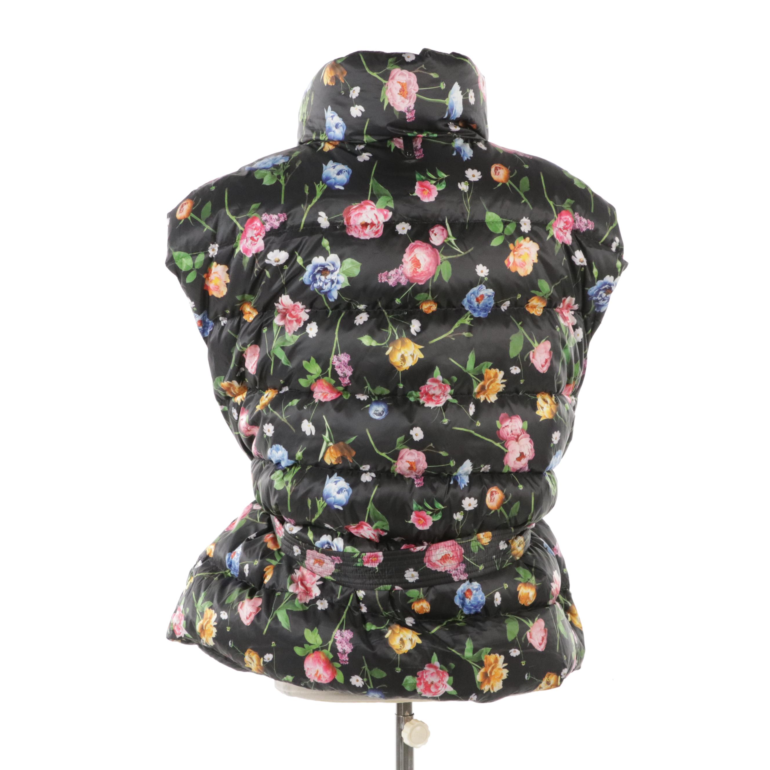 Mackage Floral Print Quilted Down Vest with Tie Belt