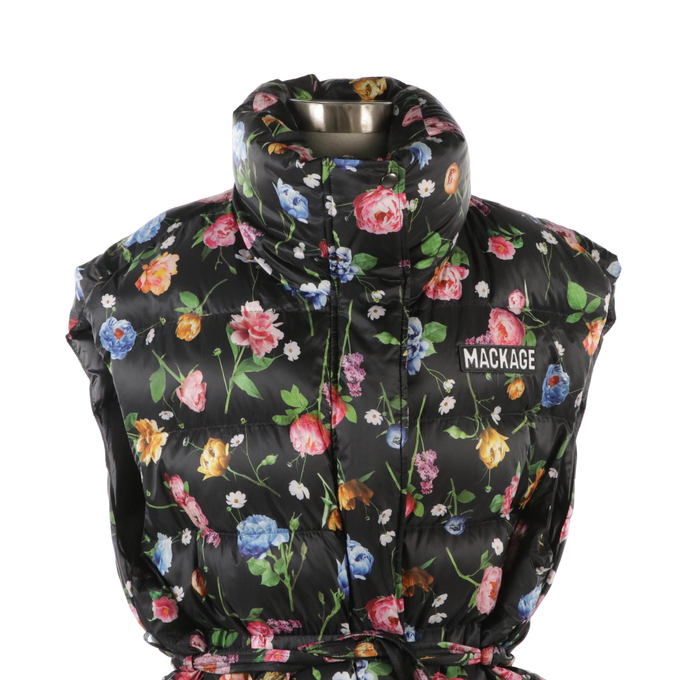 Mackage Floral Print Quilted Down Vest with Tie Belt