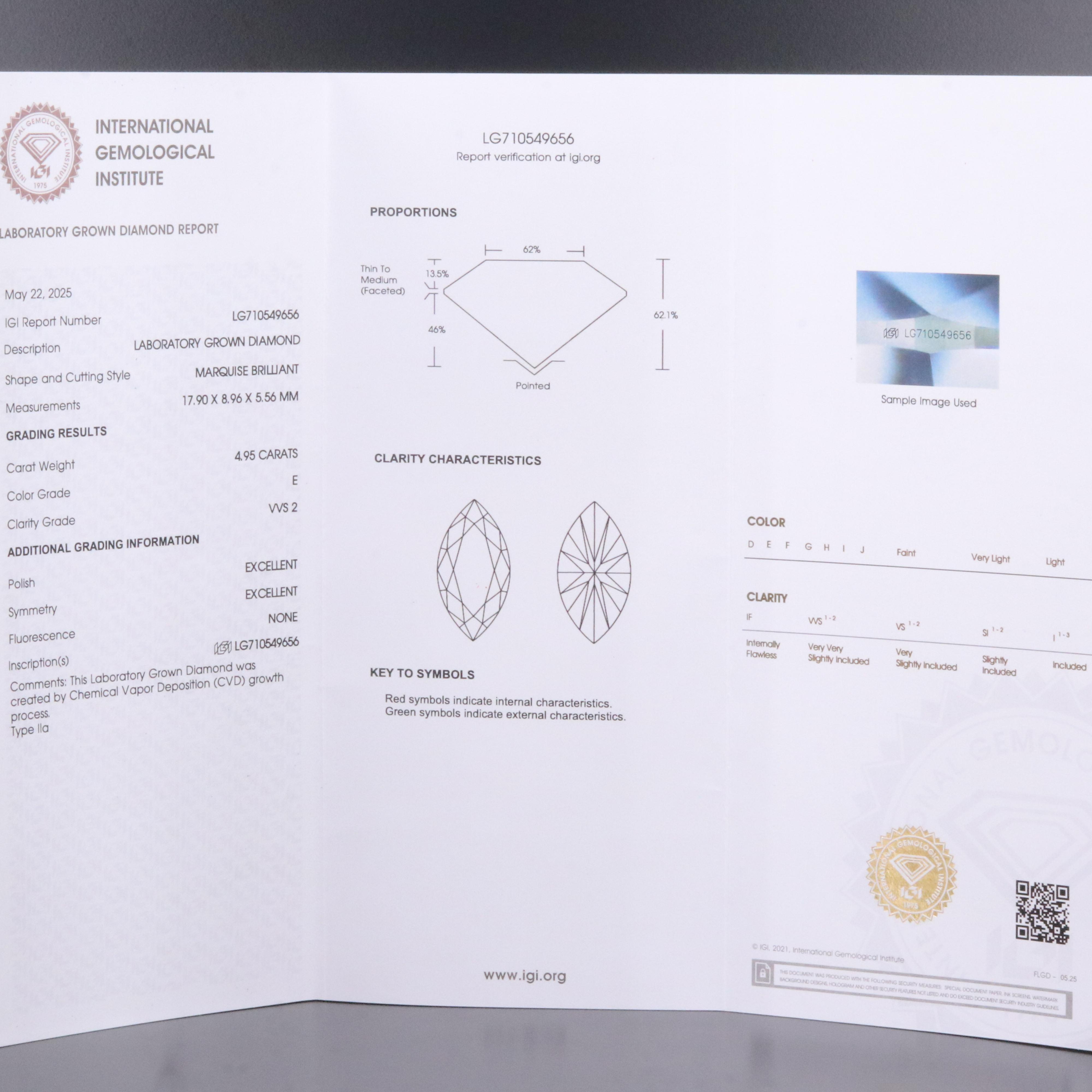 Loose 4.95 CT Lab Grown Diamond with IGI Report