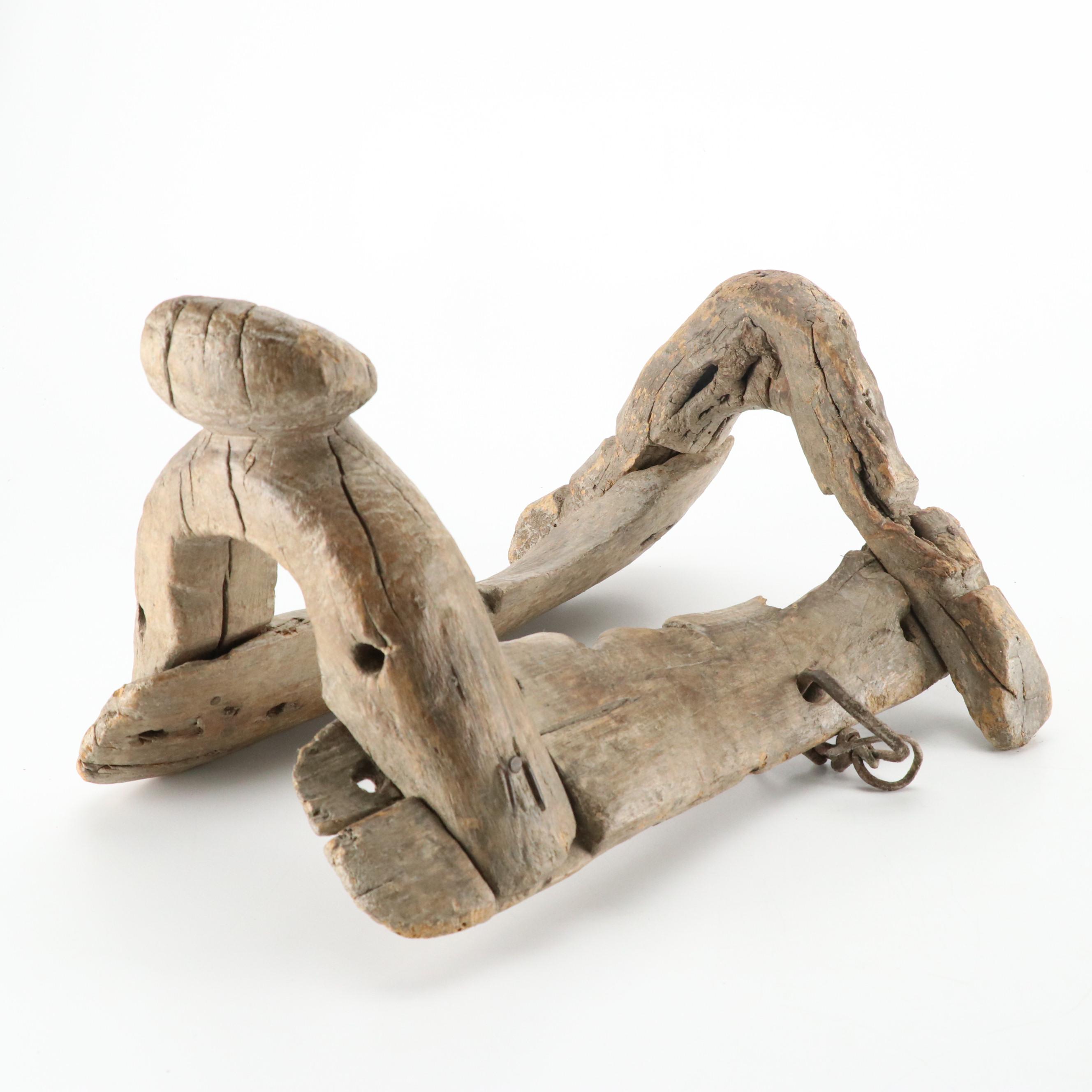 Mexican Fuste Wooden Saddle with Leather Bullwhip, Gaucho Boleadoras