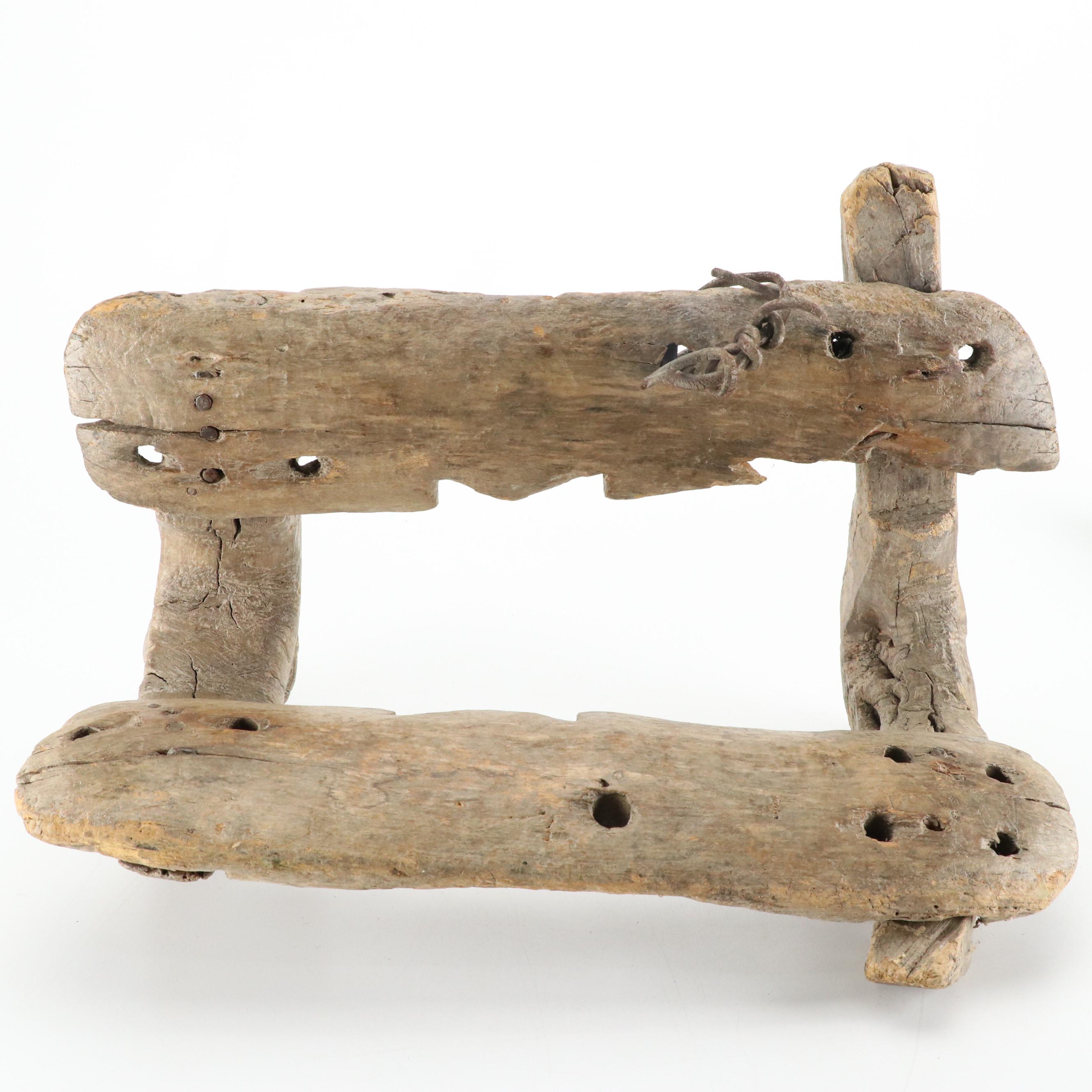 Mexican Fuste Wooden Saddle with Leather Bullwhip, Gaucho Boleadoras