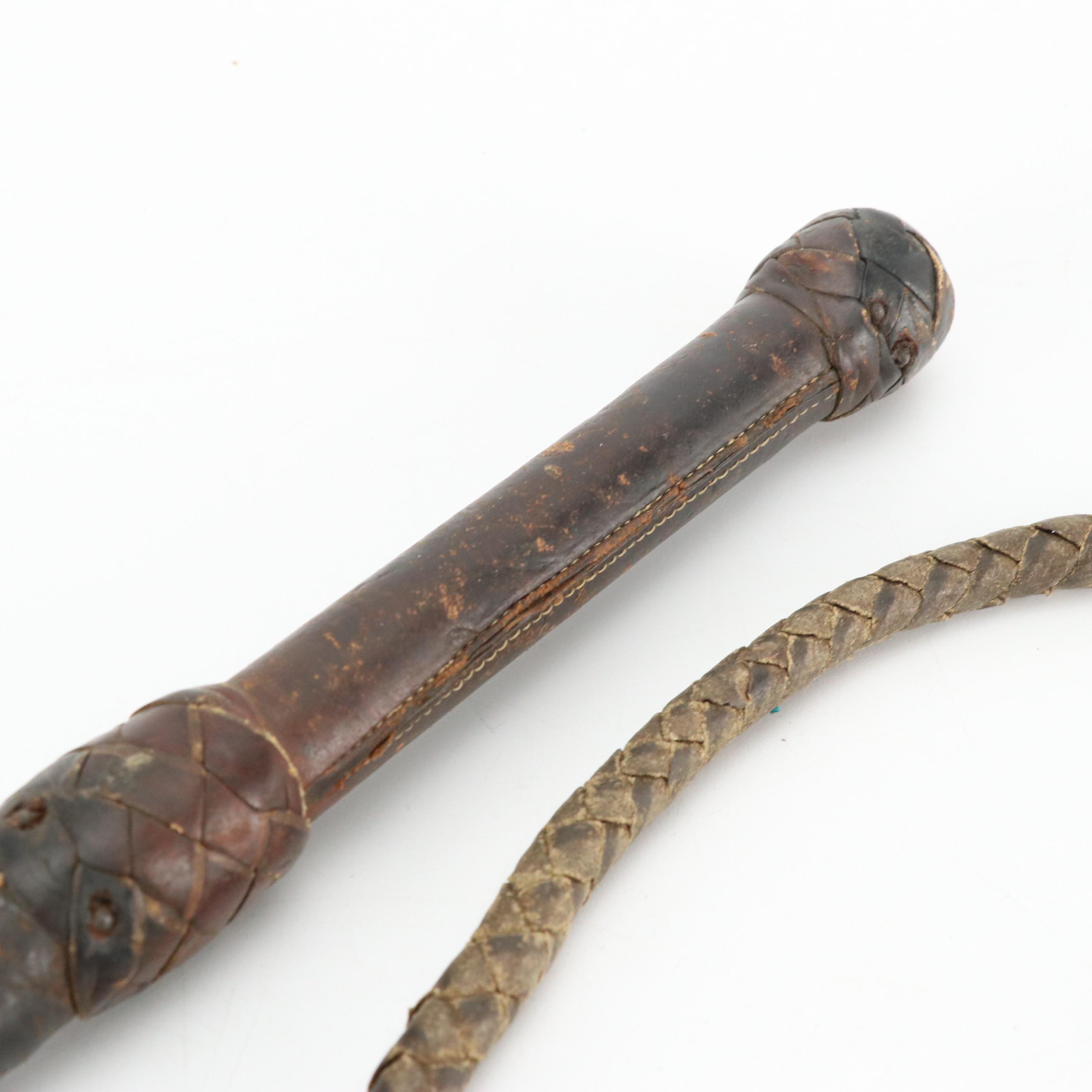 Mexican Fuste Wooden Saddle with Leather Bullwhip, Gaucho Boleadoras