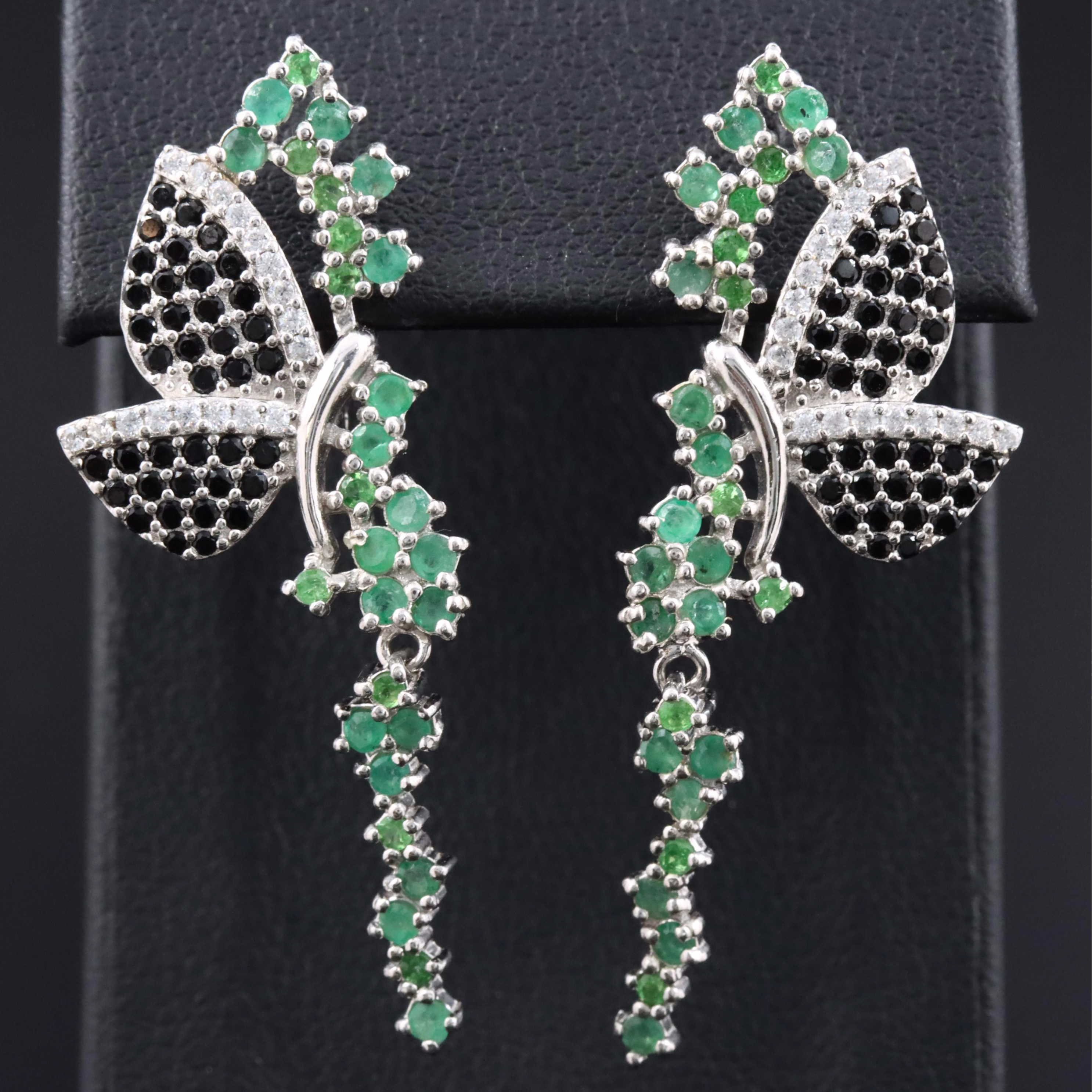 Sterling Emerald, Tsavorite and CZ Butterfly Drop Earrings