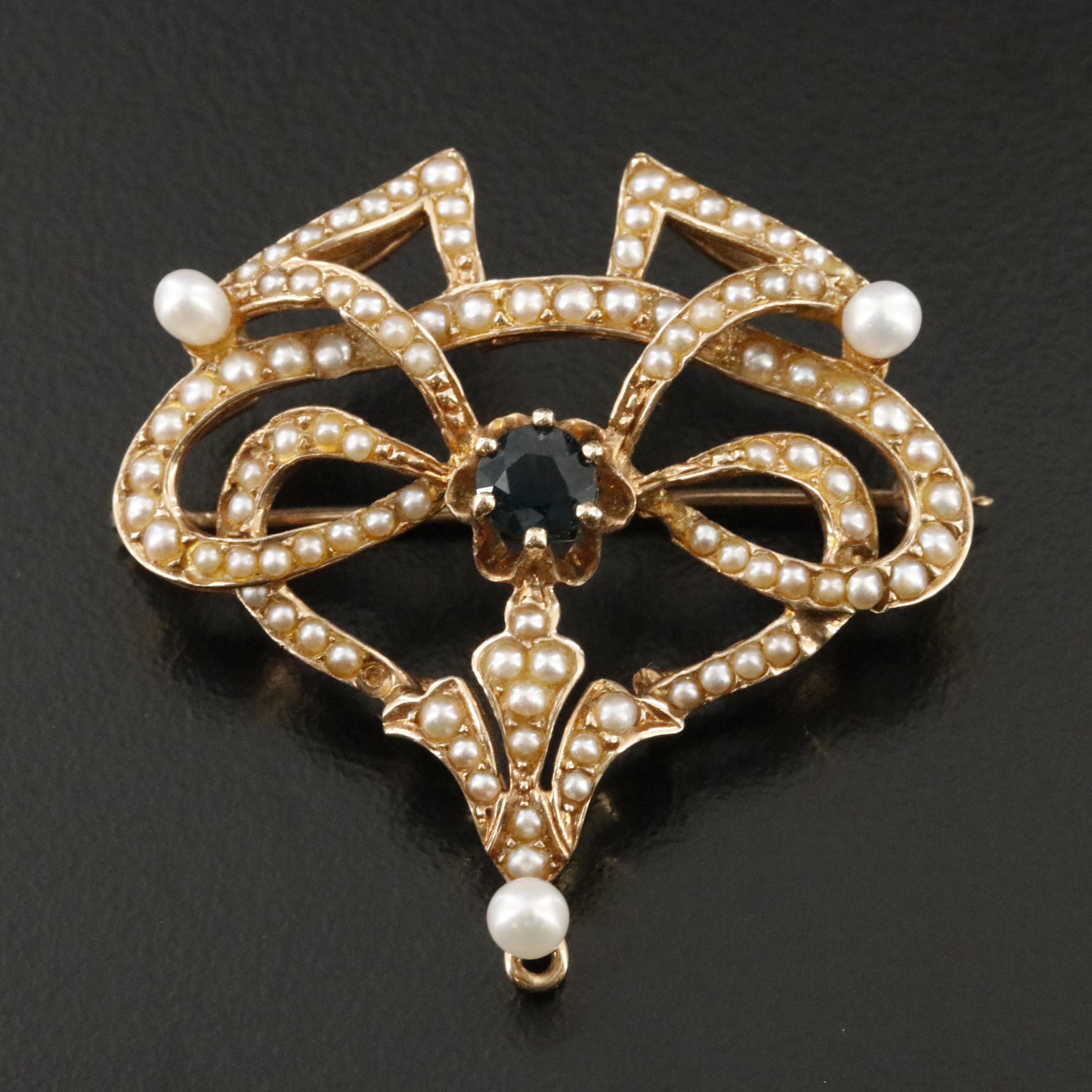 Circa 1900 14K Sapphire and Pearl Brooch
