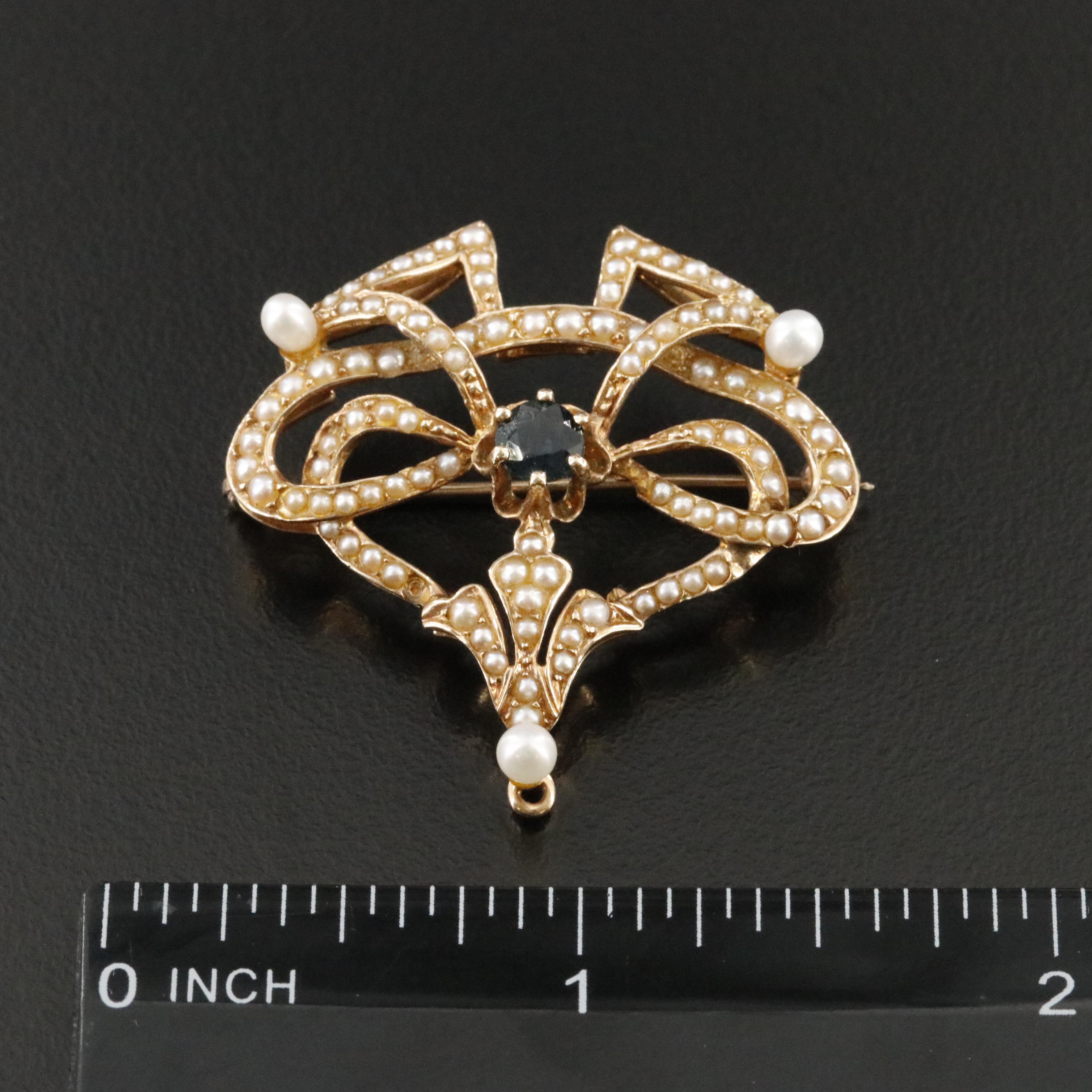 Circa 1900 14K Sapphire and Pearl Brooch