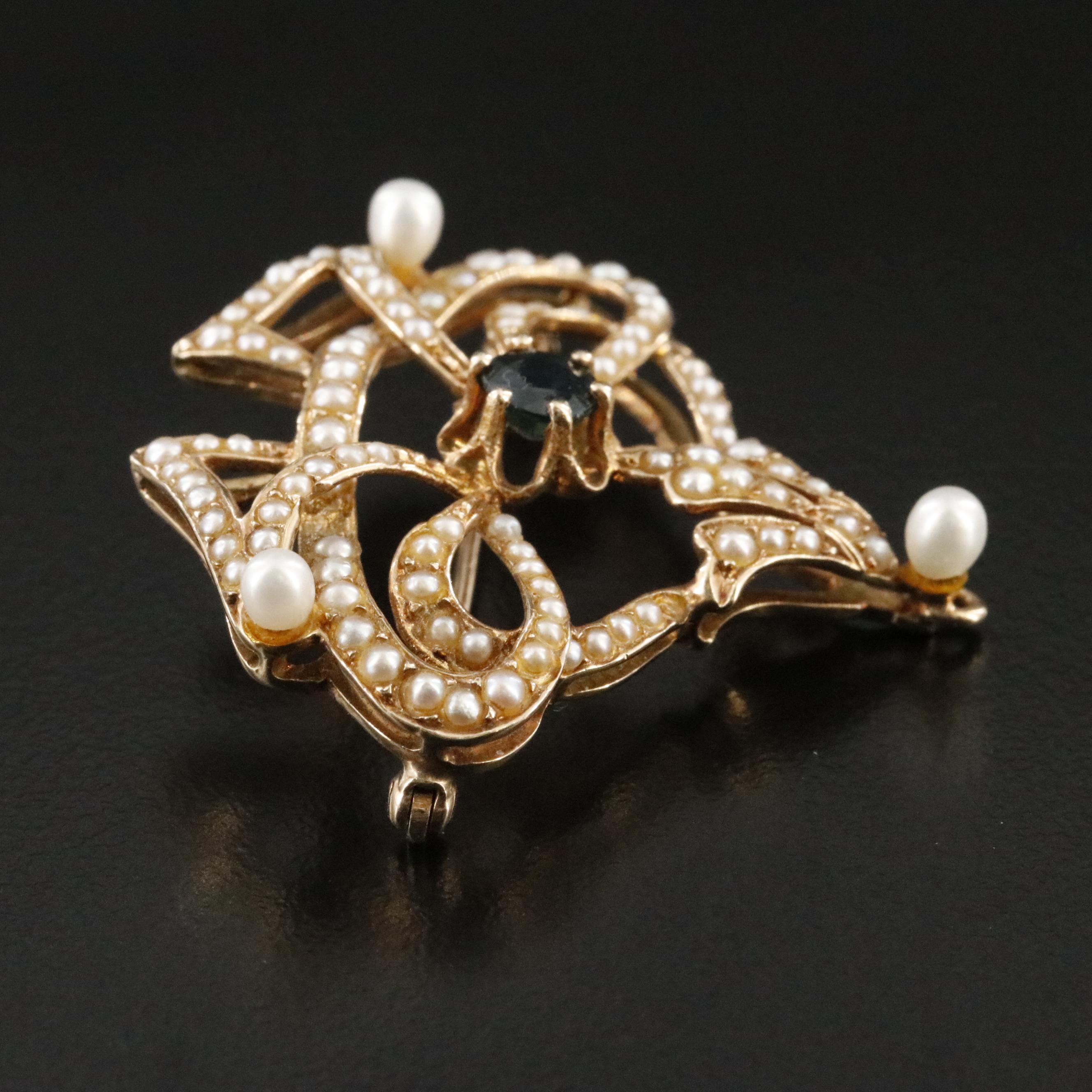 Circa 1900 14K Sapphire and Pearl Brooch