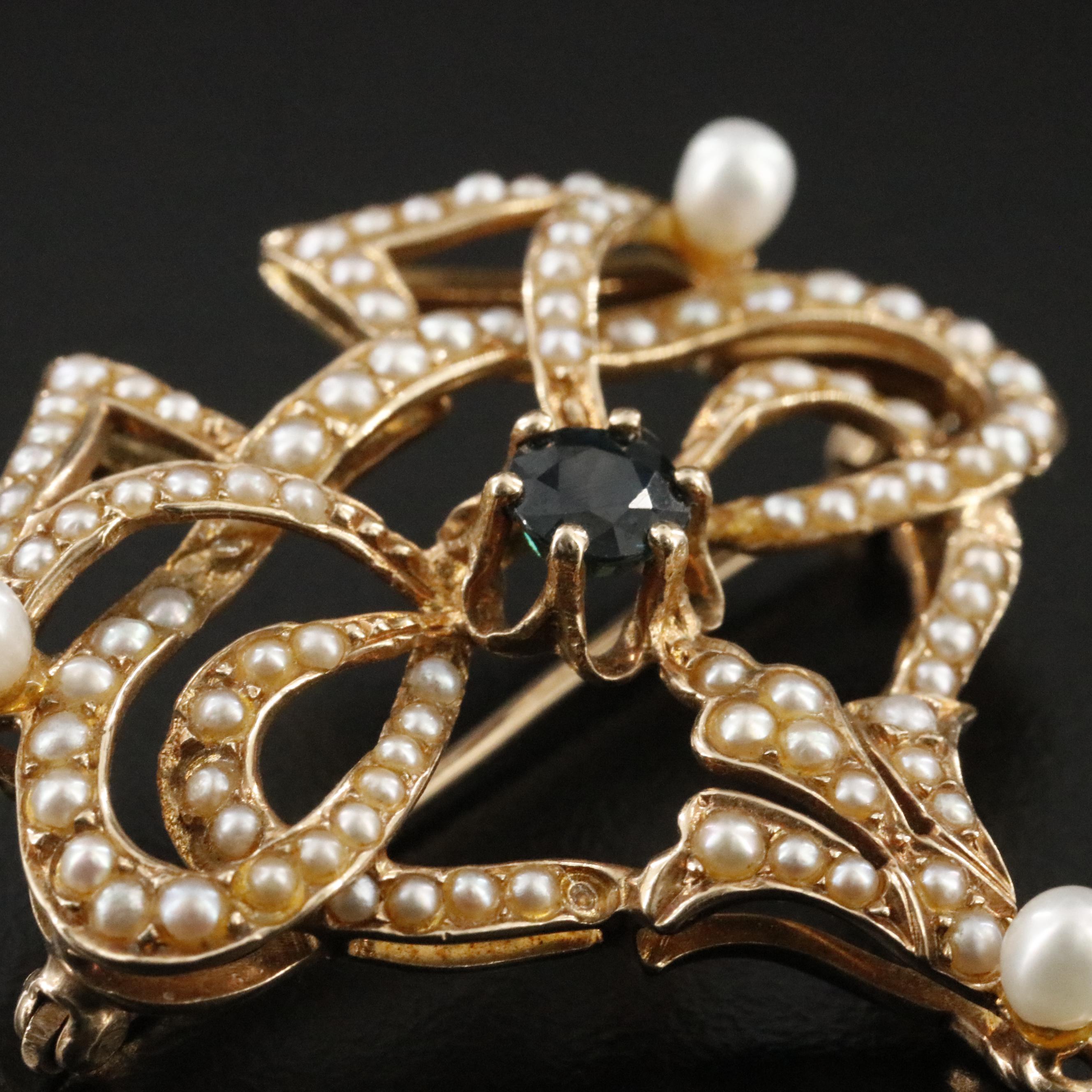 Circa 1900 14K Sapphire and Pearl Brooch