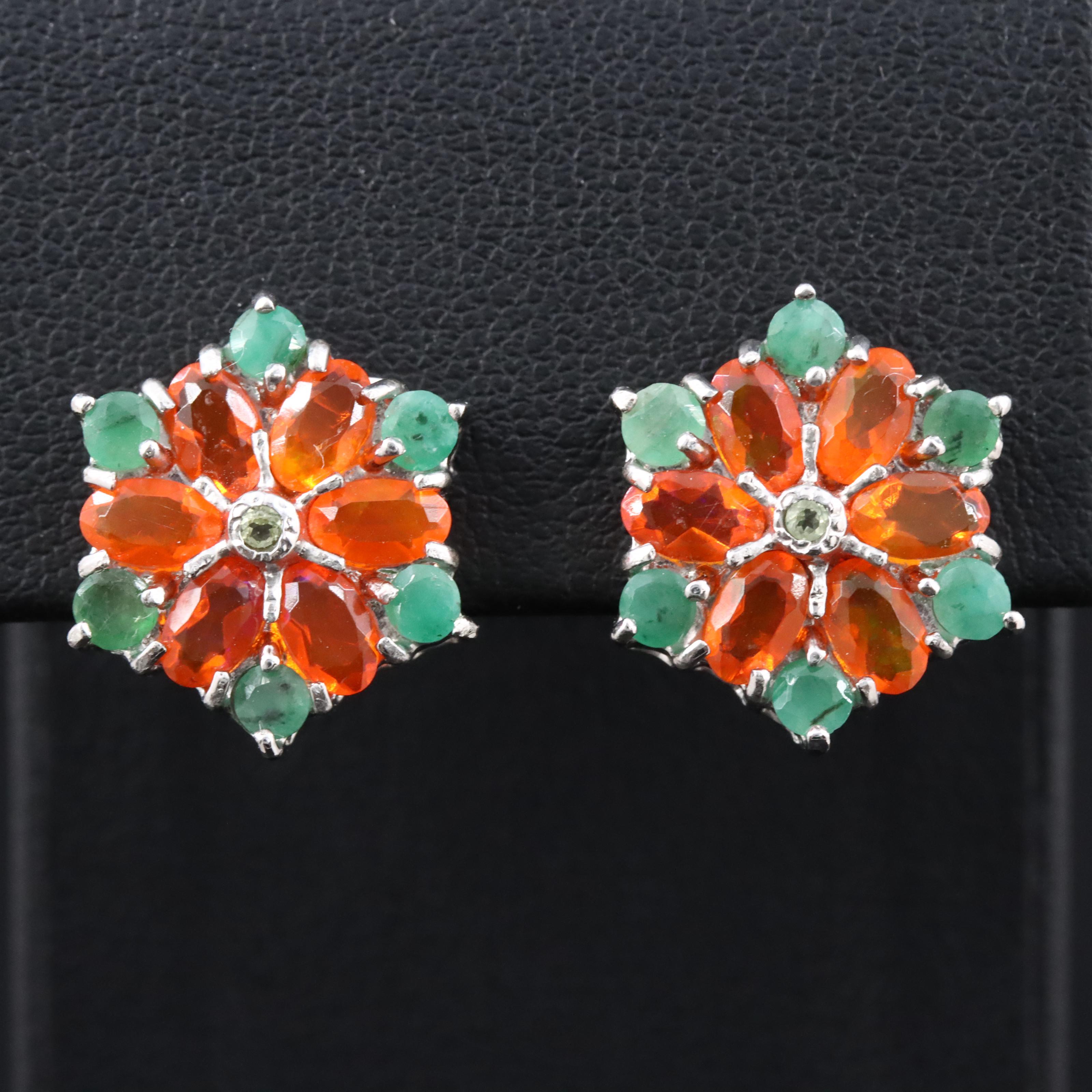 Sterling Floral Fire Opal, Peridot and Emerald Stud Earrings
