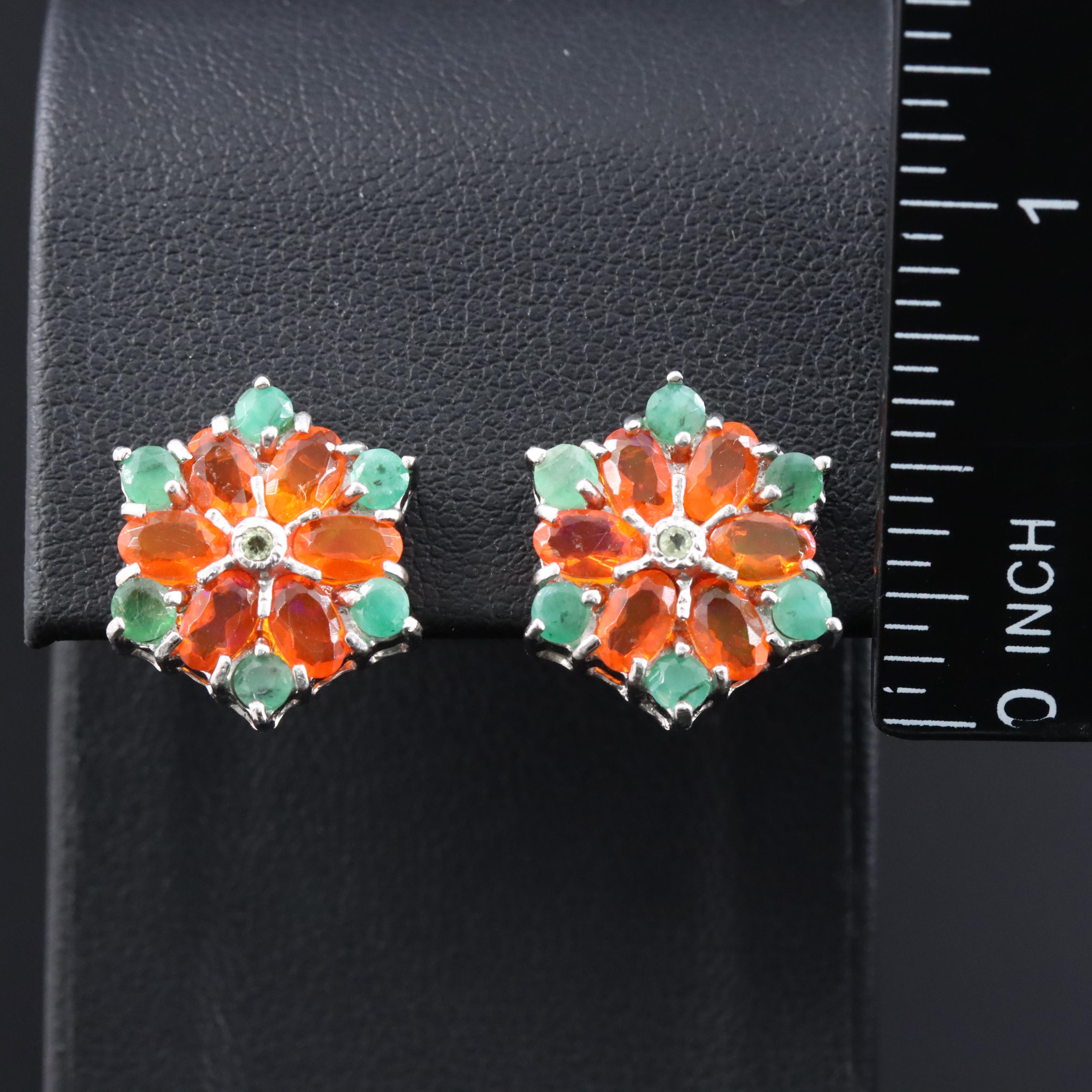 Sterling Floral Fire Opal, Peridot and Emerald Stud Earrings