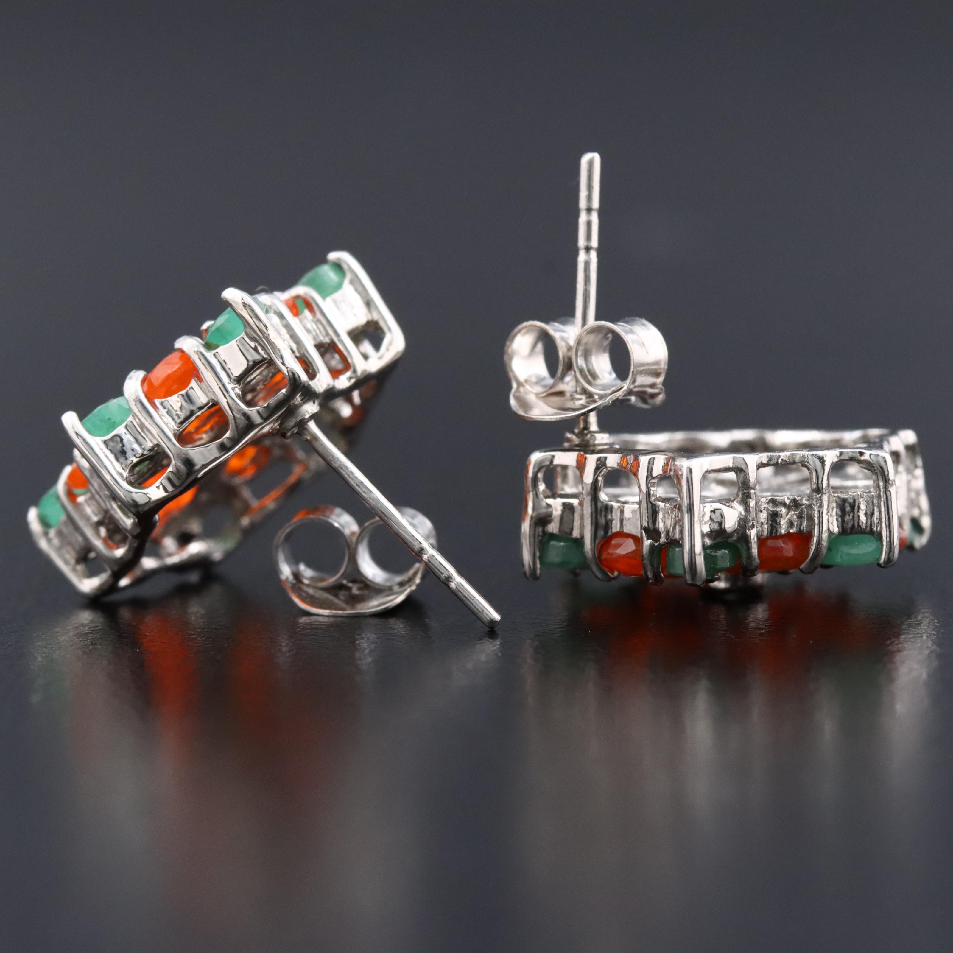 Sterling Floral Fire Opal, Peridot and Emerald Stud Earrings