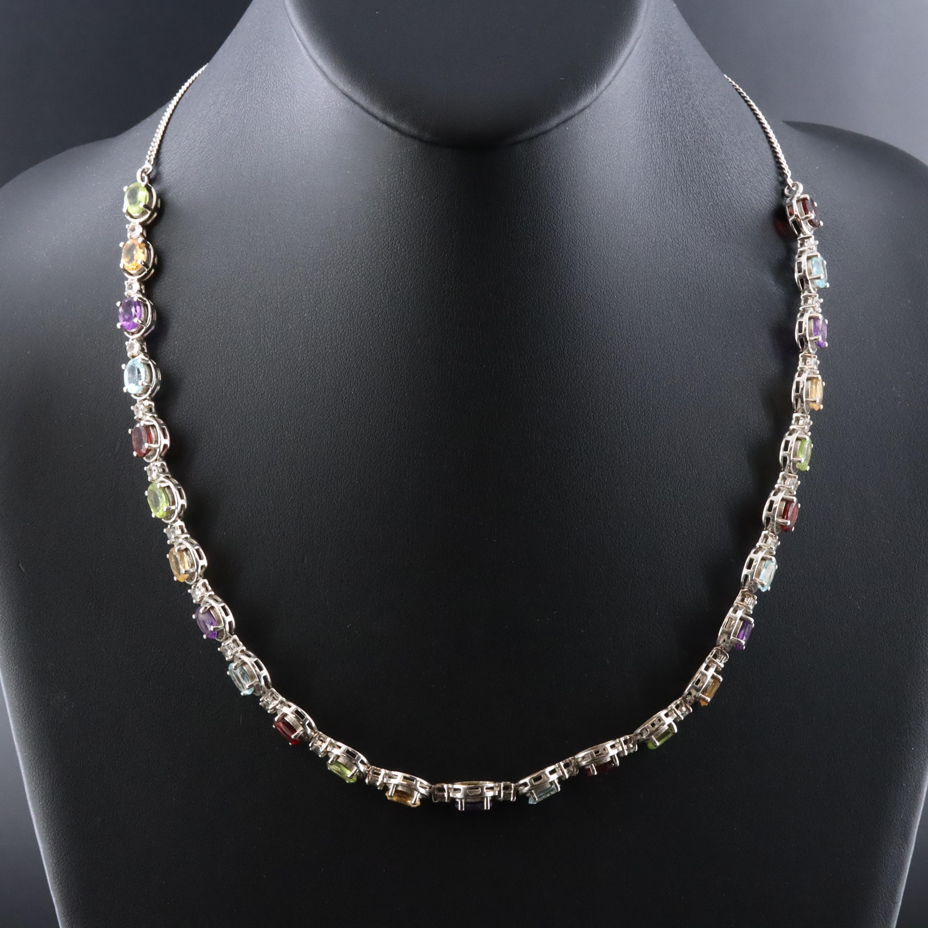 Sterling Gemstone Line Necklace Including Peridot, Amethyst and Garnet