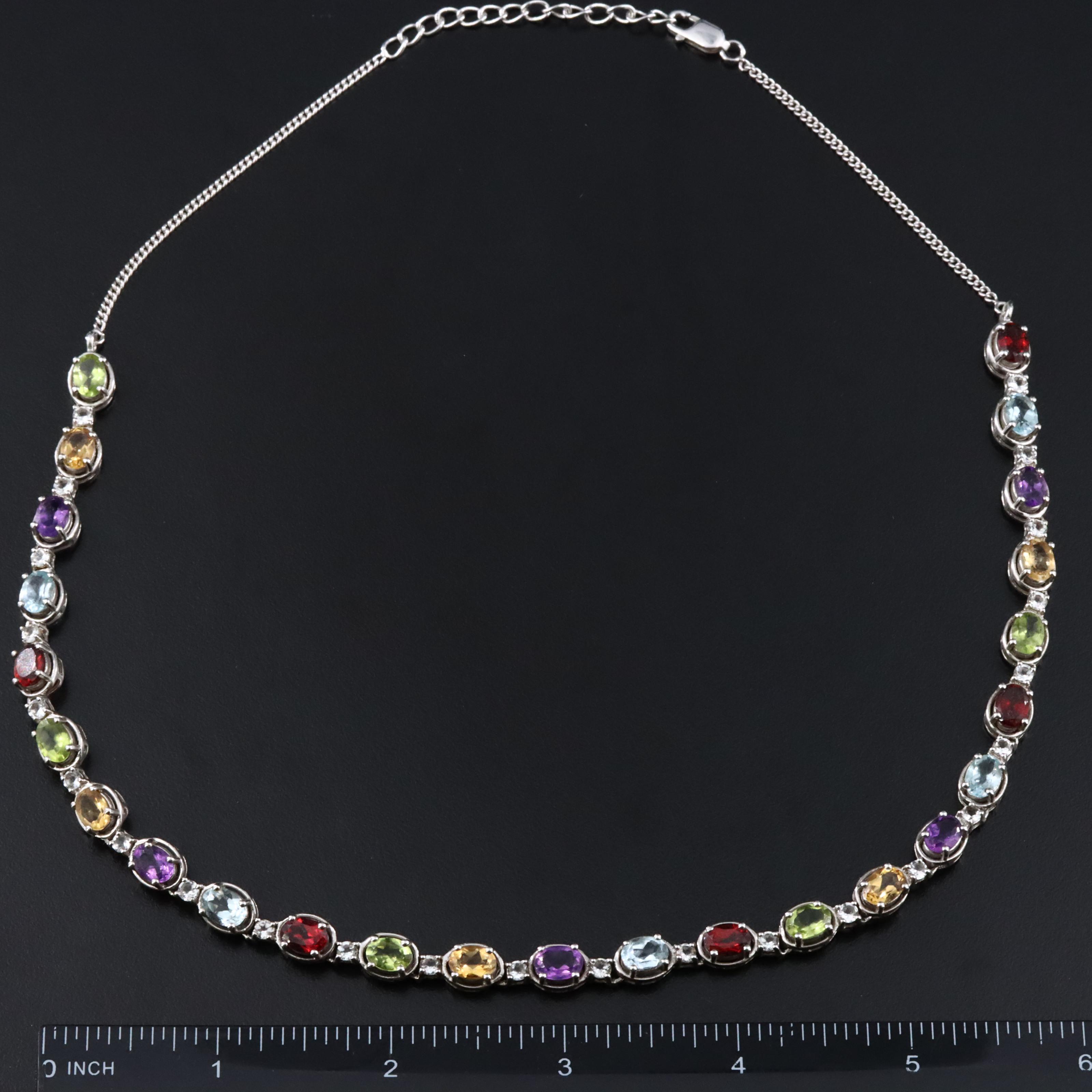 Sterling Gemstone Line Necklace Including Peridot, Amethyst and Garnet