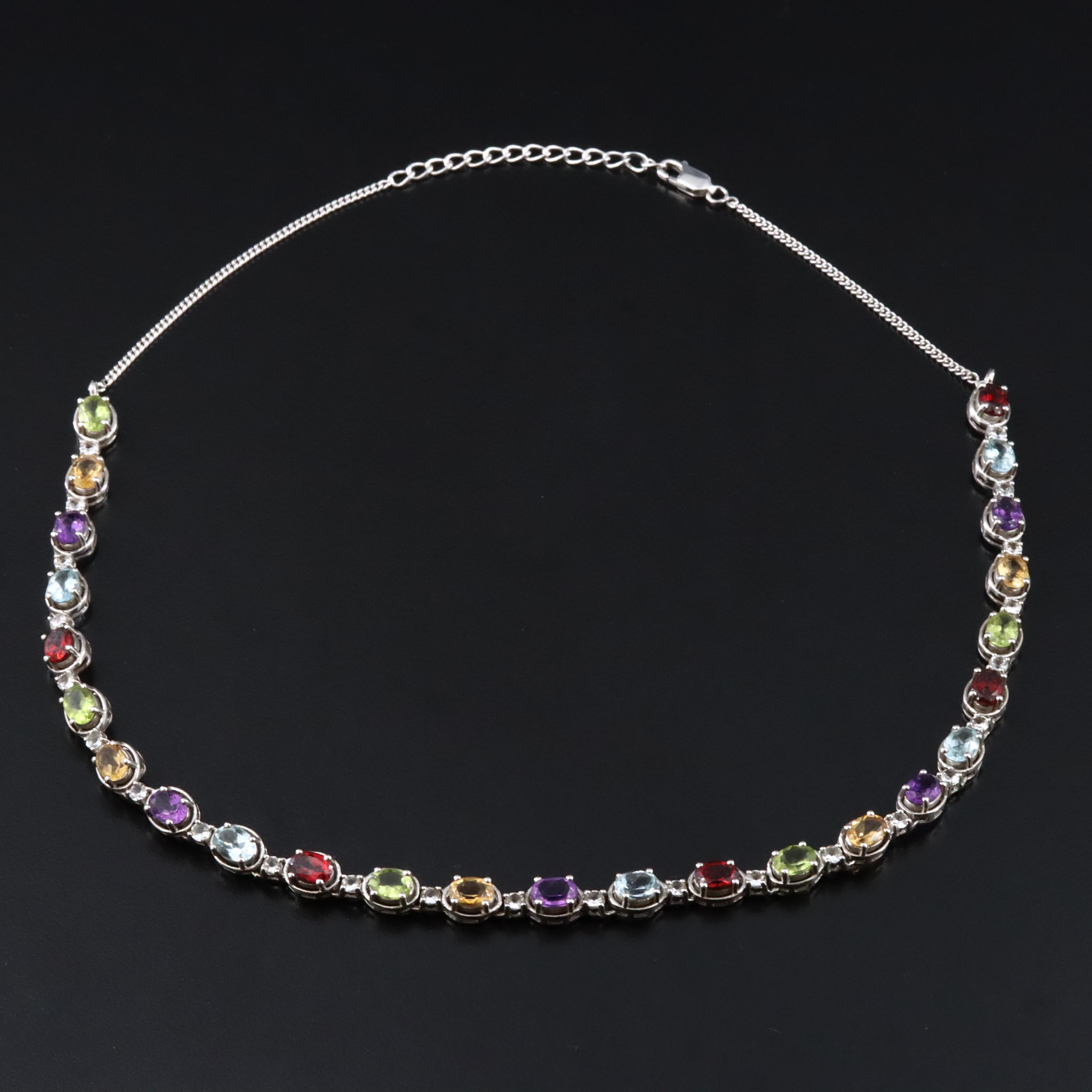Sterling Gemstone Line Necklace Including Peridot, Amethyst and Garnet
