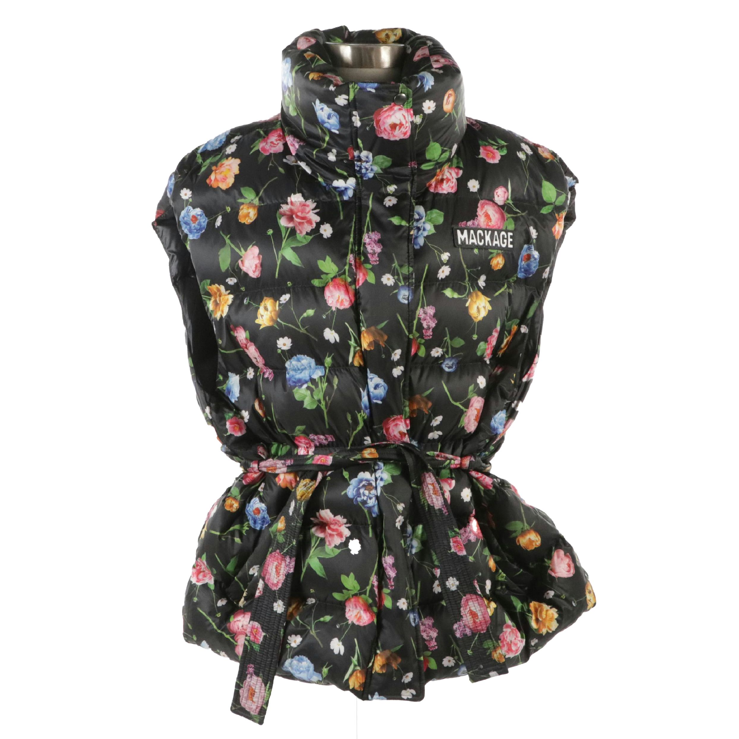 Mackage Floral Print Quilted Down Vest with Tie Belt