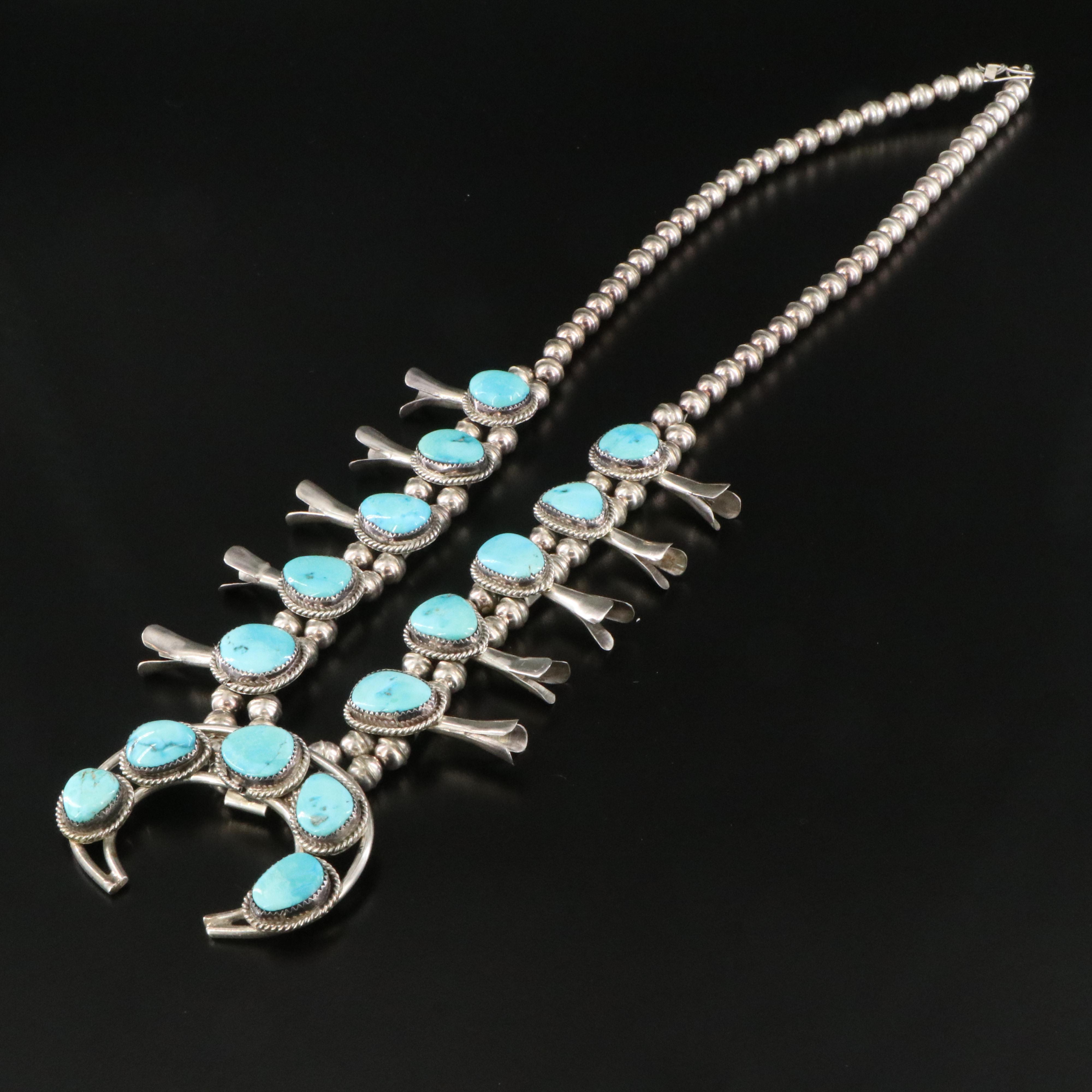 Southwestern Signed Sterling Turquoise Squash Blossom Necklace