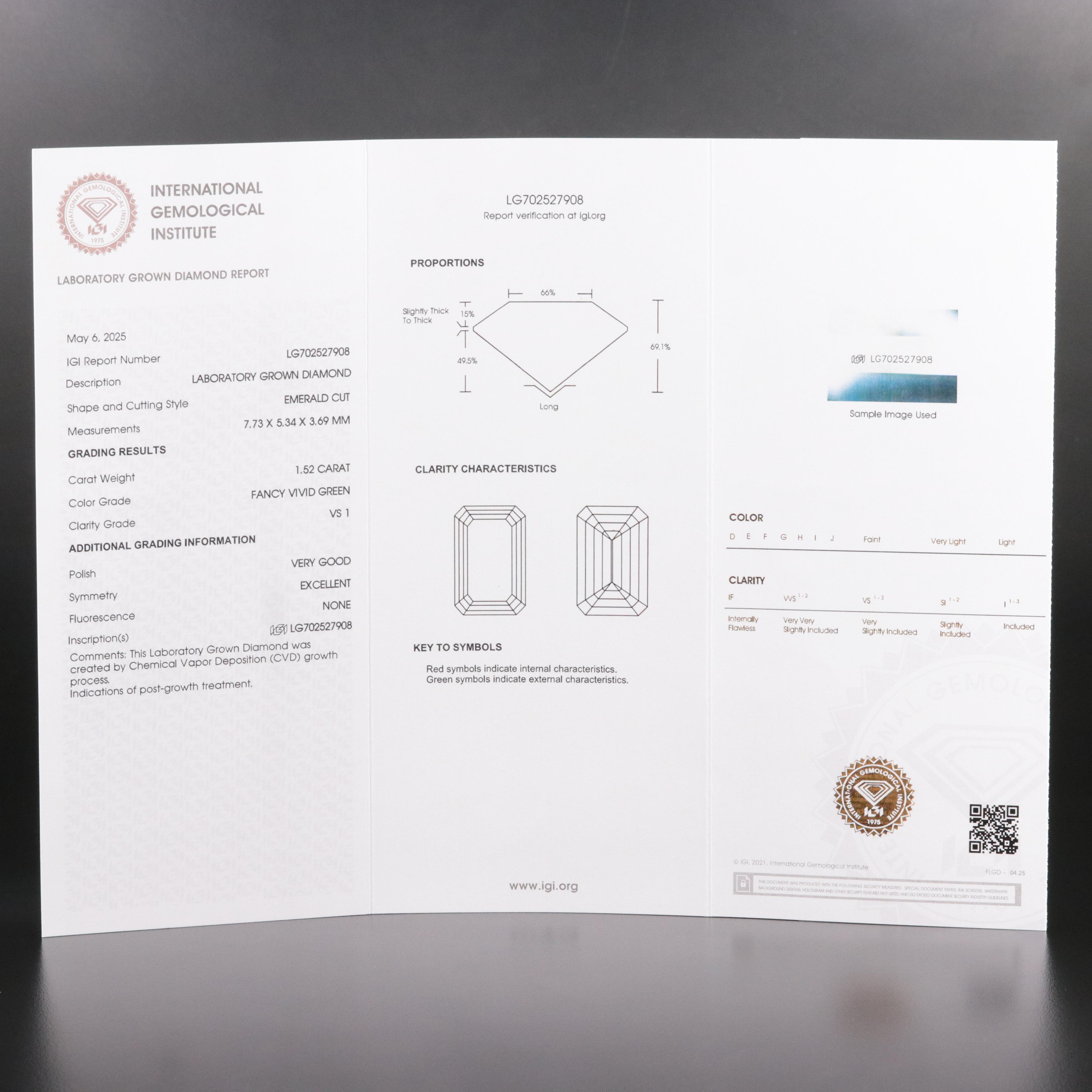 Loose 1.52 CT Lab Grown Fancy Green Diamond with IGI Report