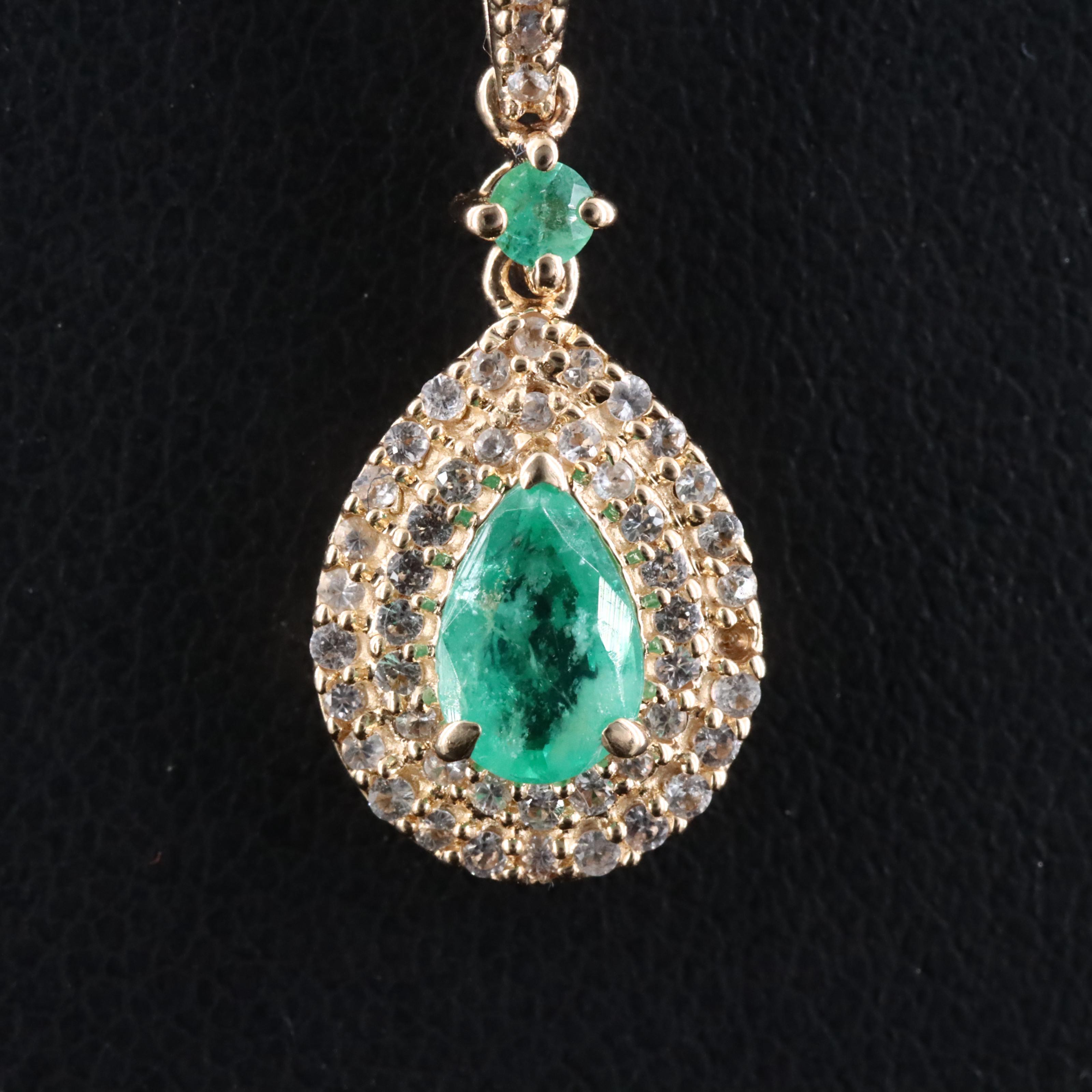 14K Emerald and White Sapphire Pendant Necklace