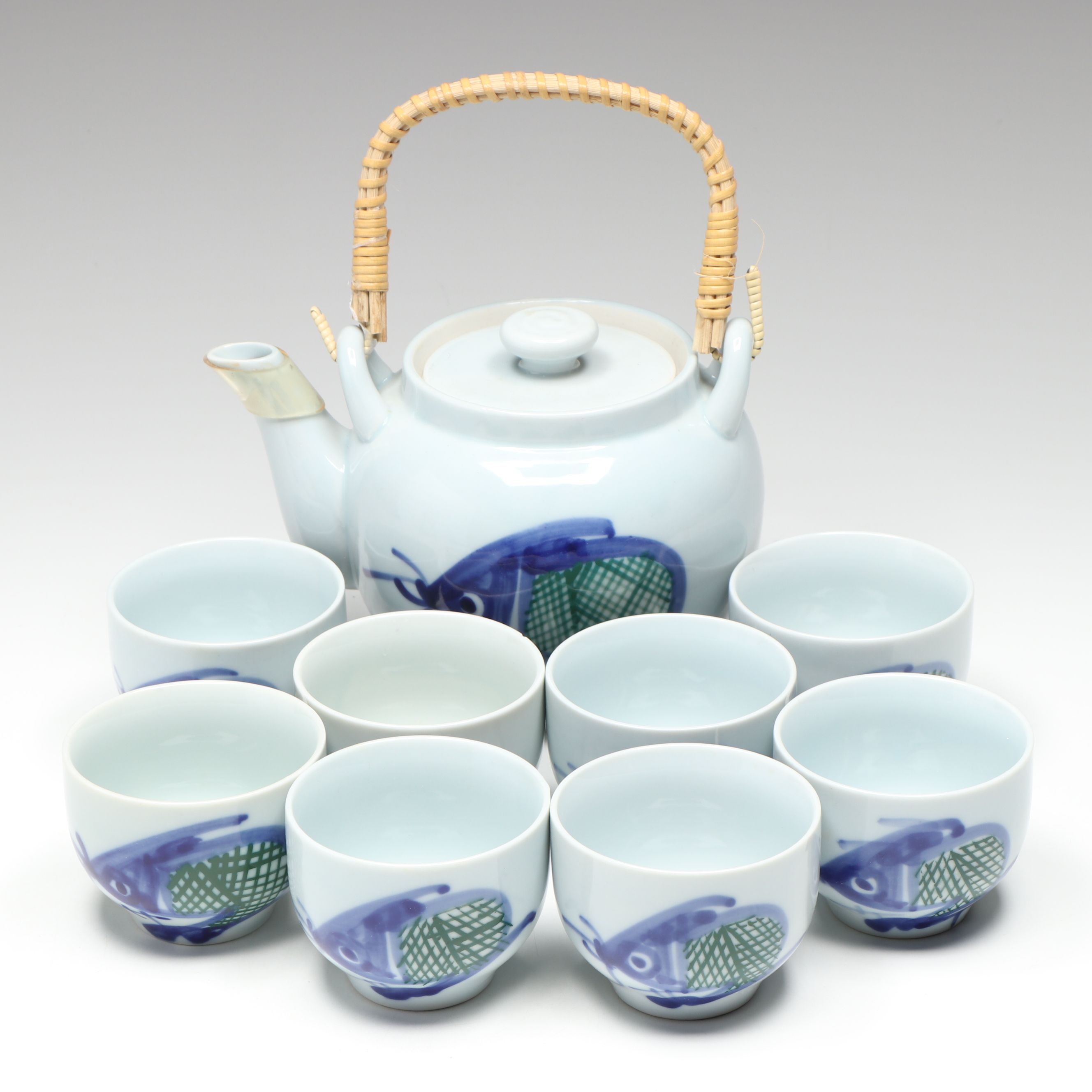 Japanese Porcelain Hand-Painted Koi Teapot and Cups
