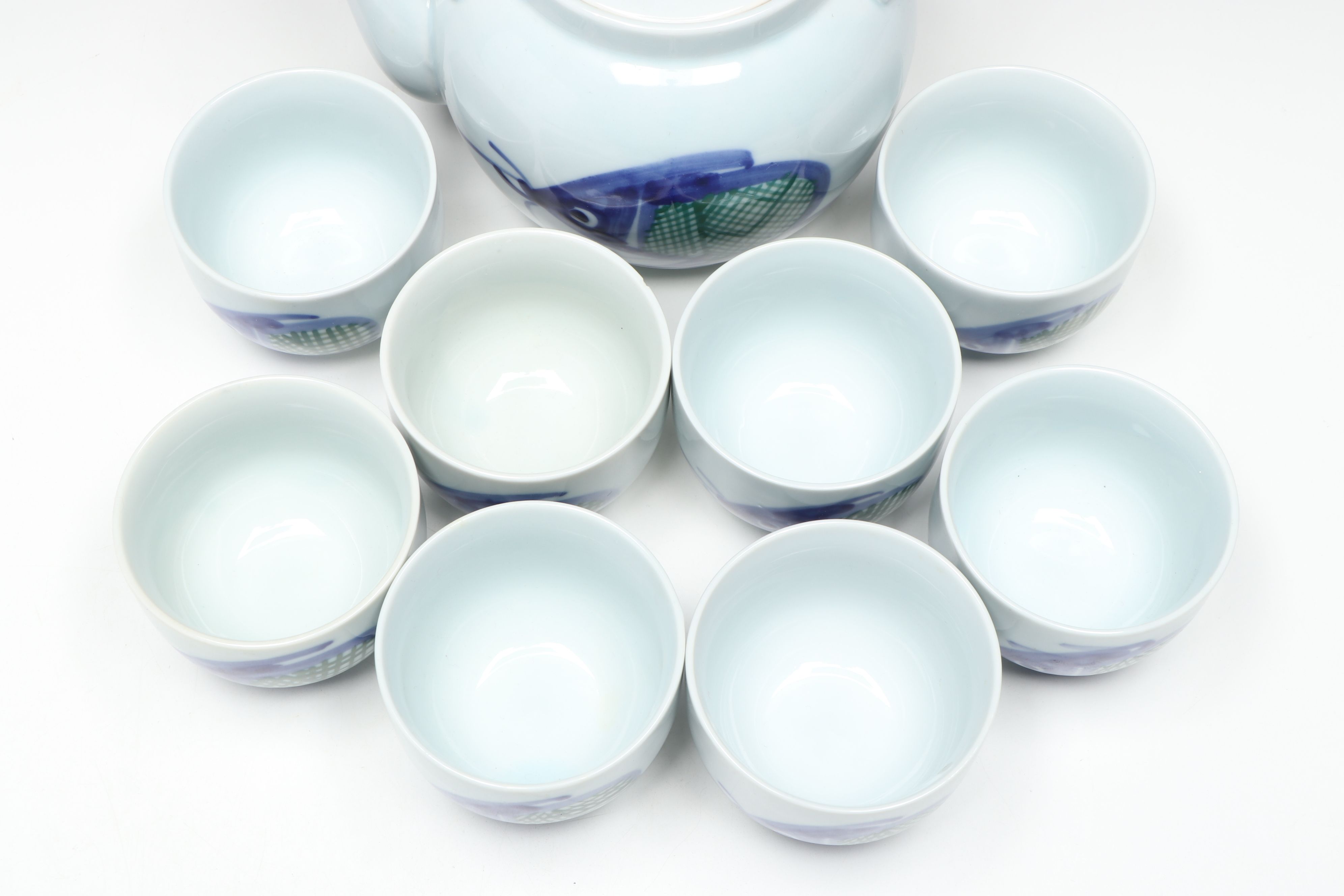 Japanese Porcelain Hand-Painted Koi Teapot and Cups