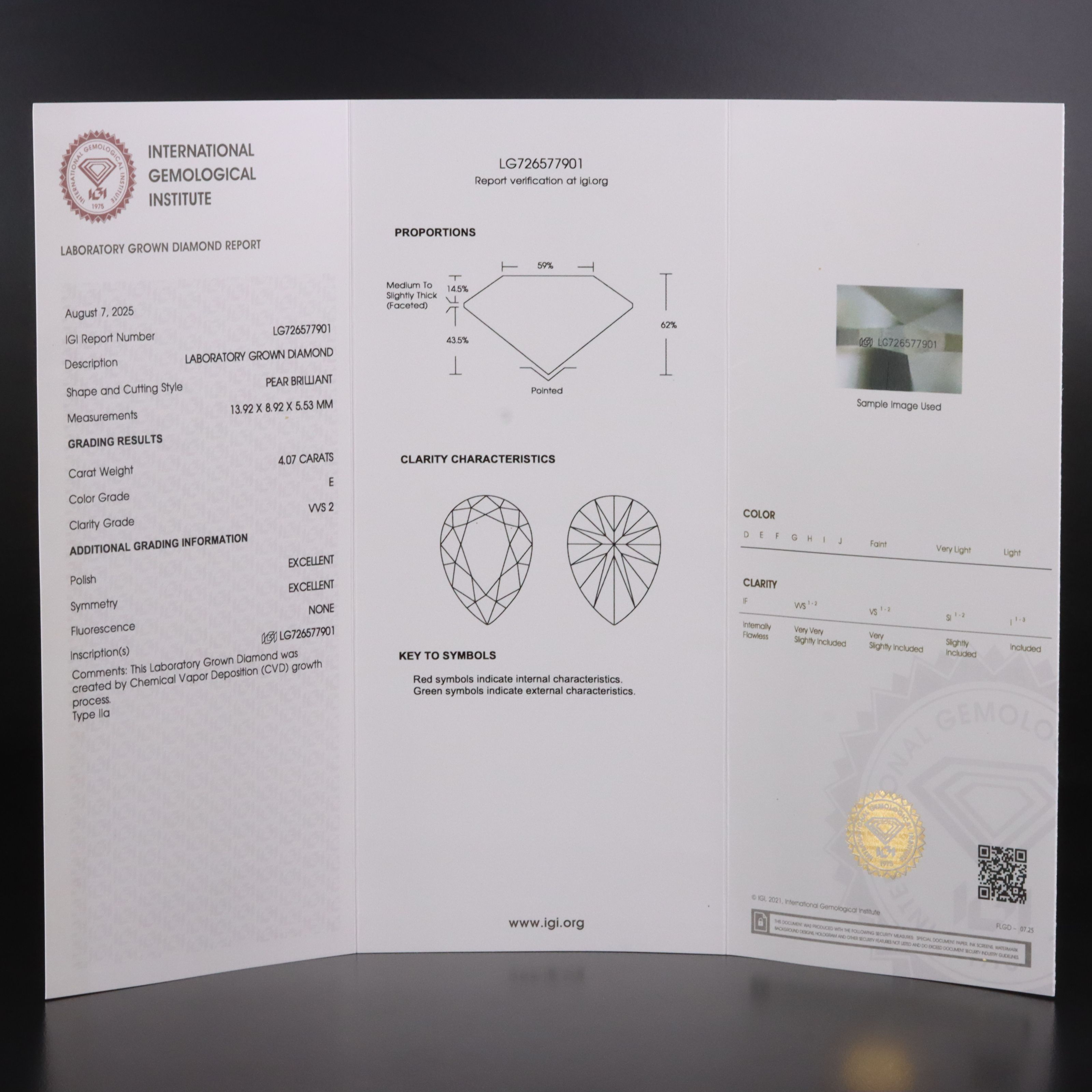 Loose 4.07 CT Lab Grown Diamond with IGI Report