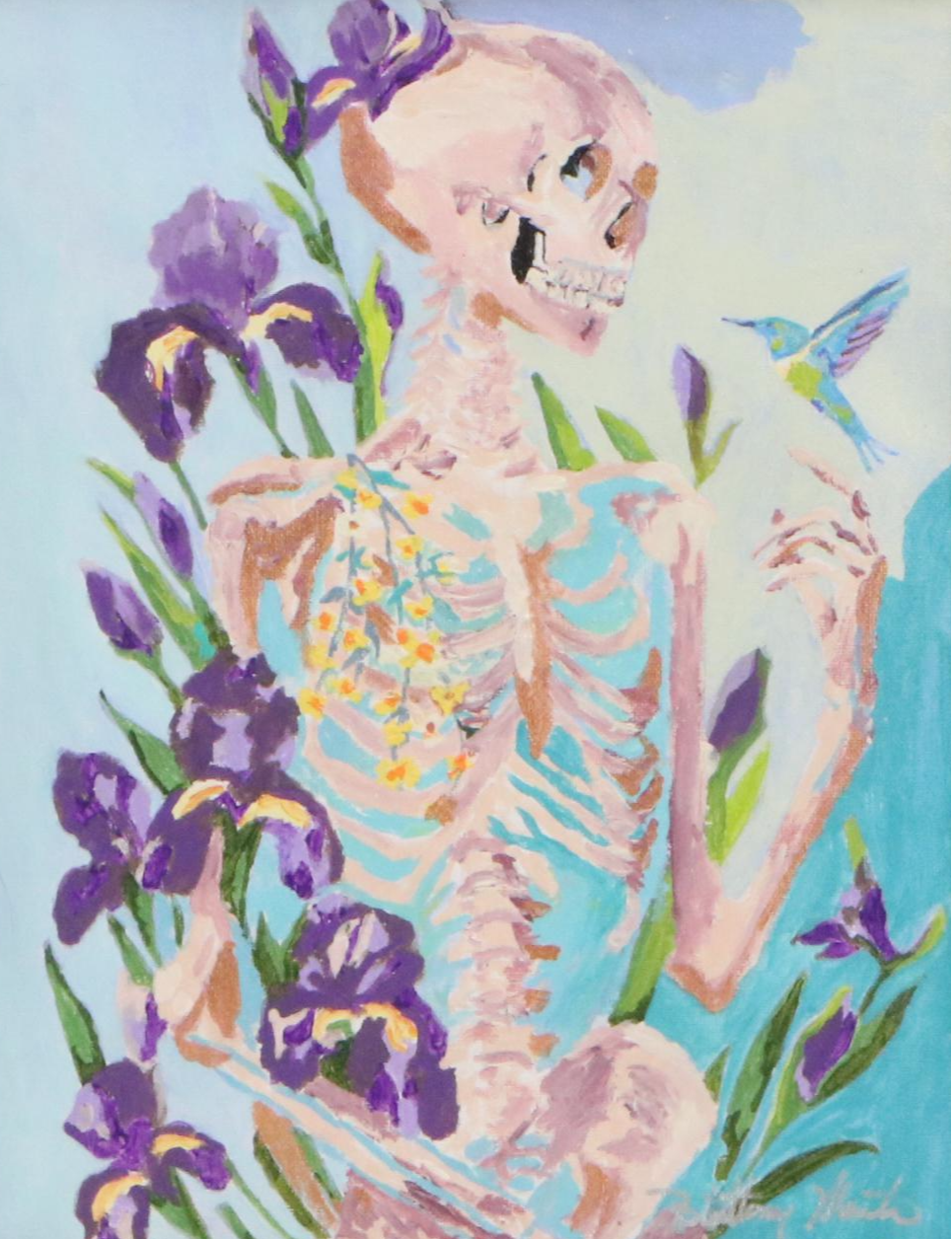 Brittony Martin Acrylic Painting of Skeleton with Irises and Hummingbird