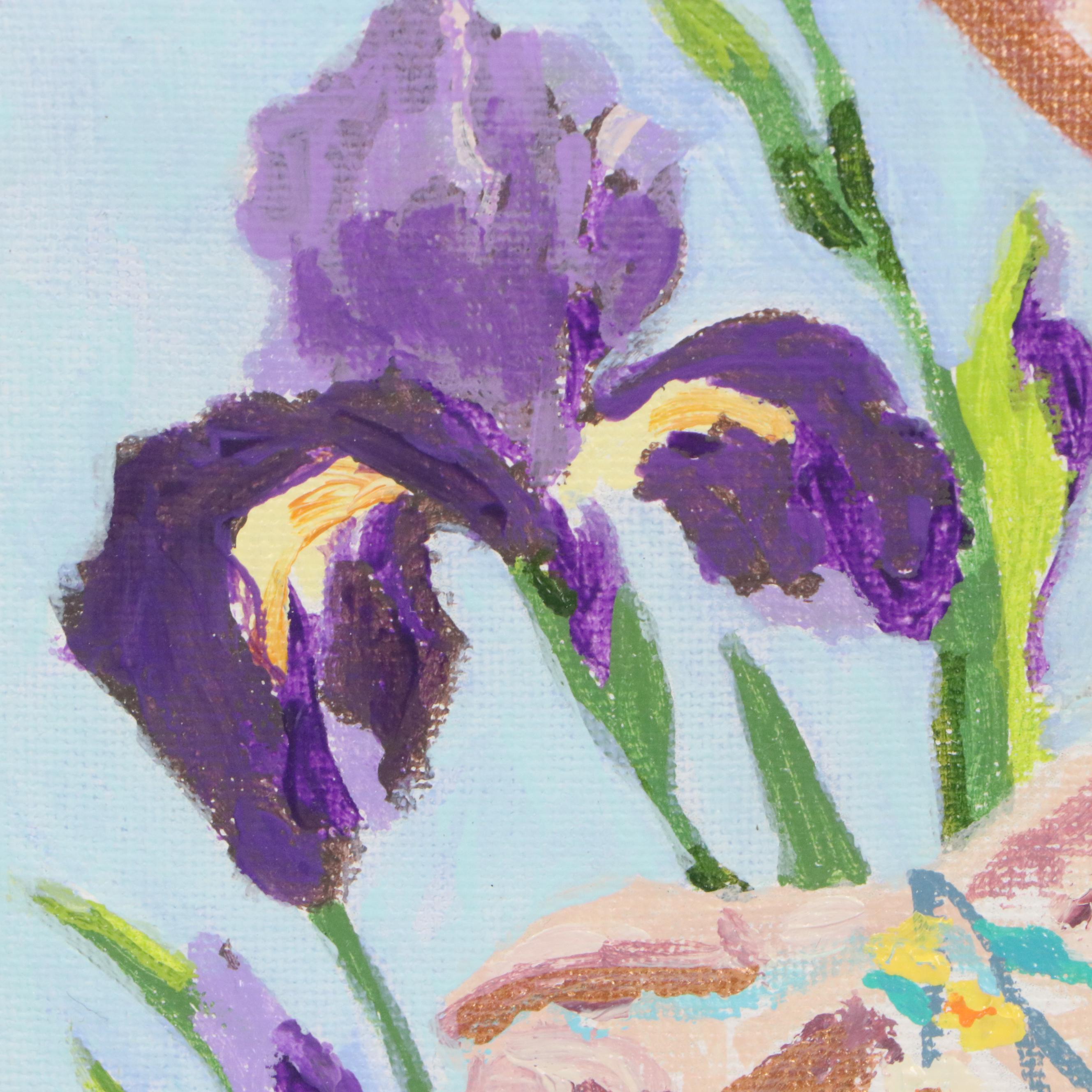 Brittony Martin Acrylic Painting of Skeleton with Irises and Hummingbird