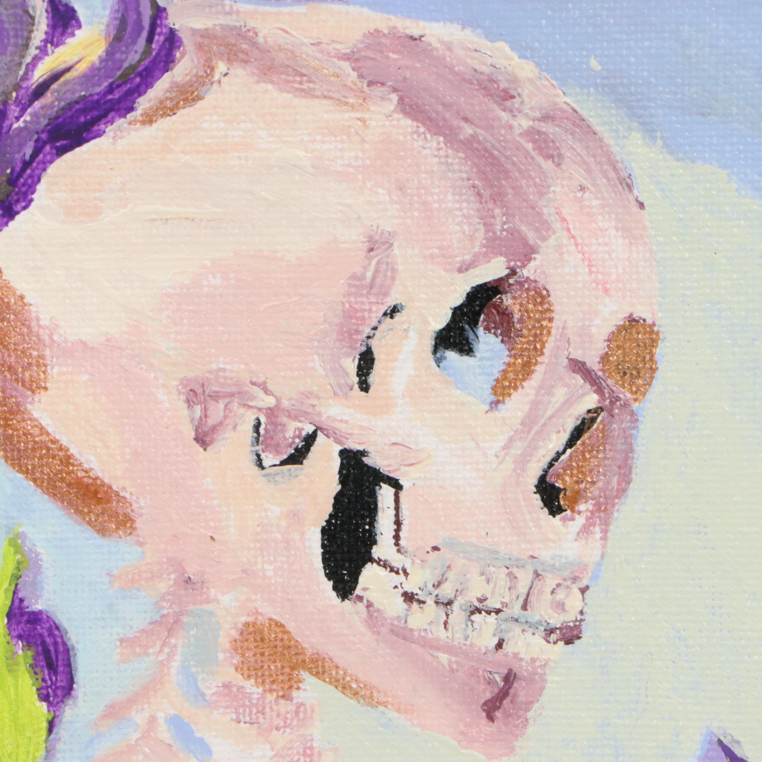 Brittony Martin Acrylic Painting of Skeleton with Irises and Hummingbird