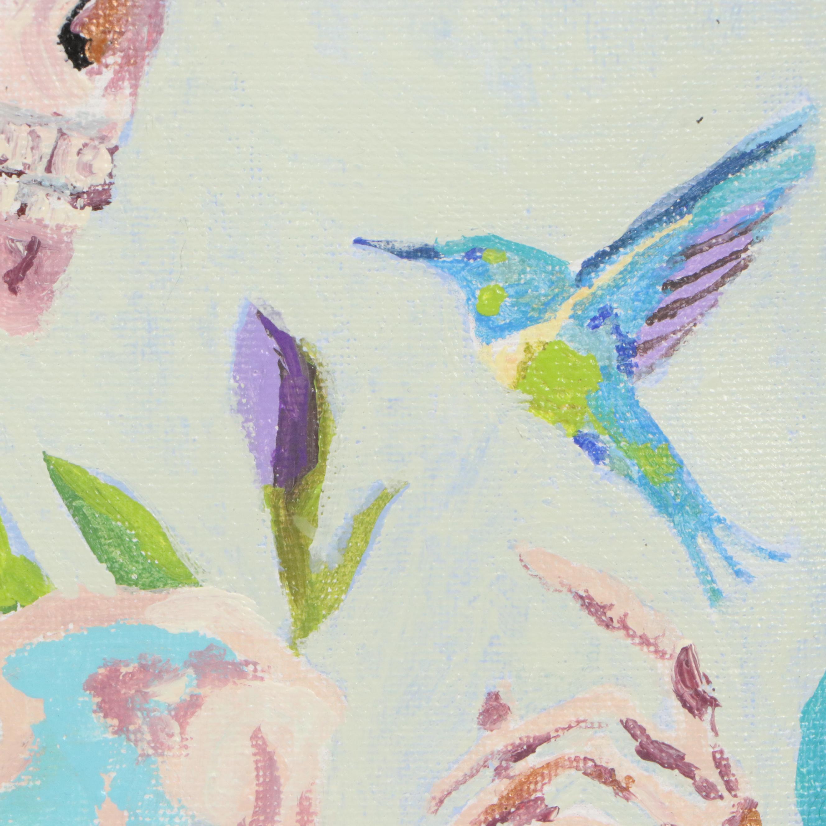 Brittony Martin Acrylic Painting of Skeleton with Irises and Hummingbird