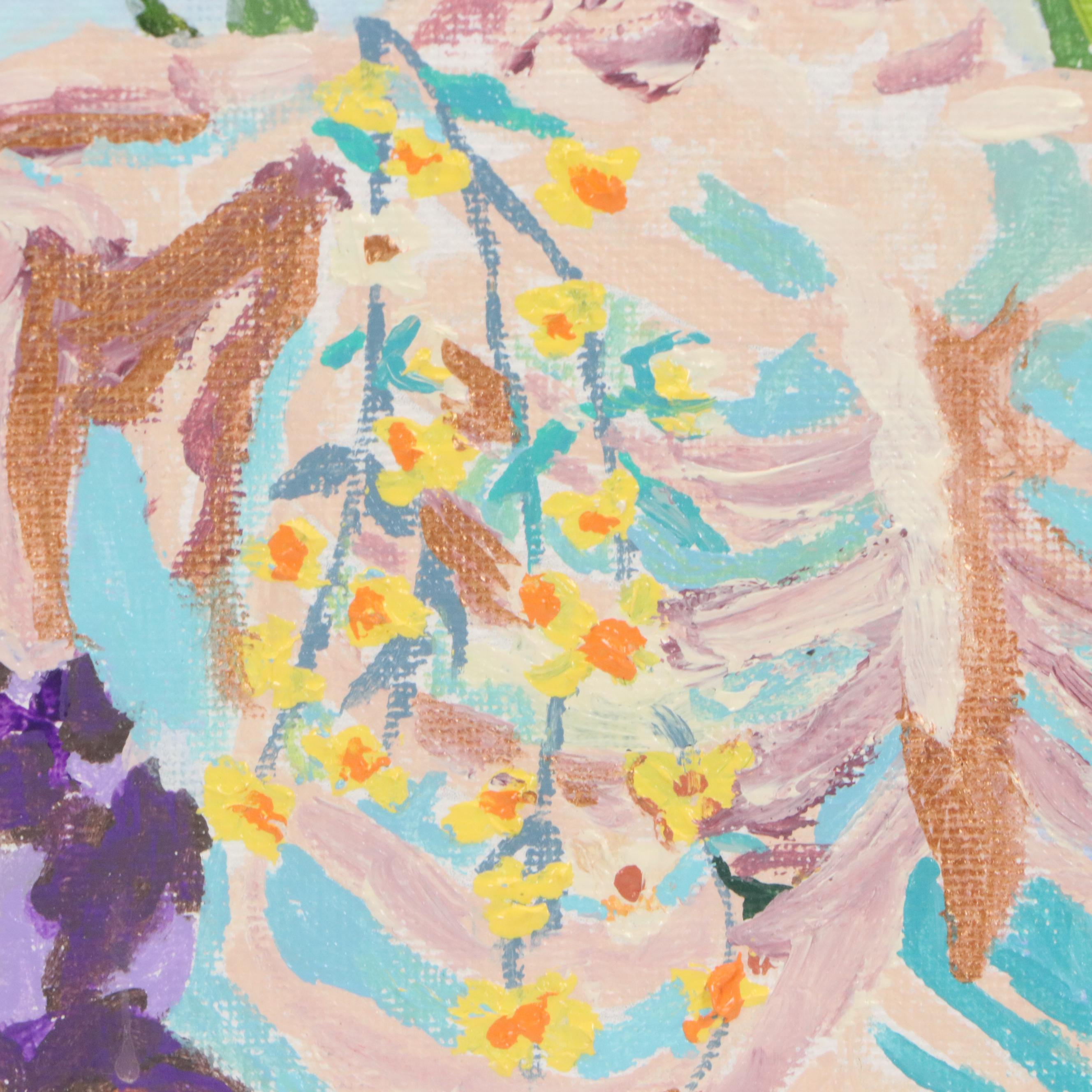 Brittony Martin Acrylic Painting of Skeleton with Irises and Hummingbird