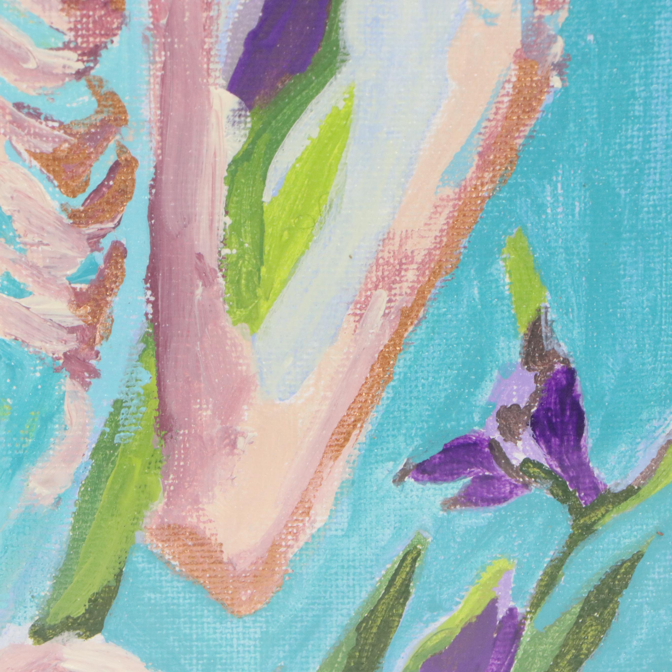 Brittony Martin Acrylic Painting of Skeleton with Irises and Hummingbird