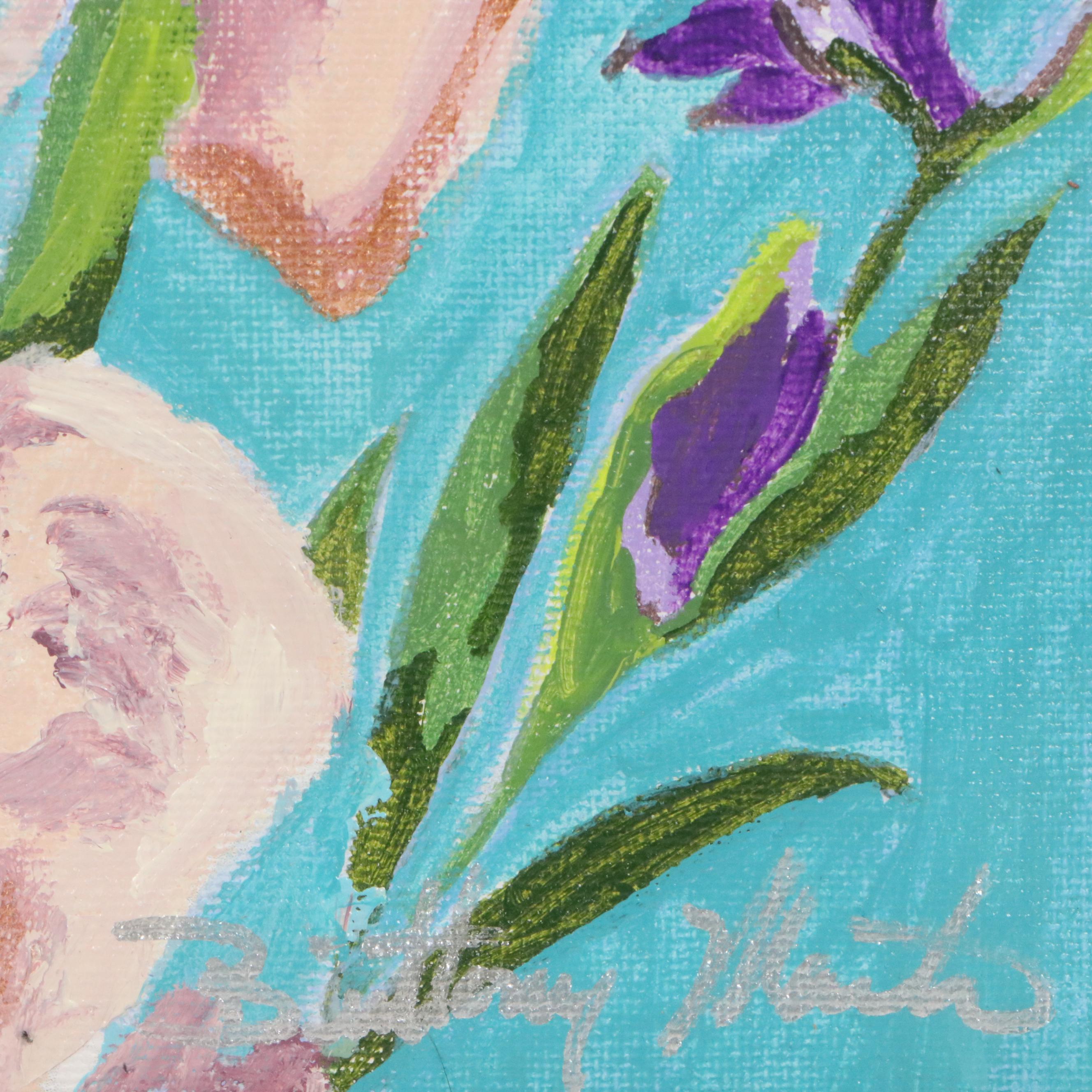 Brittony Martin Acrylic Painting of Skeleton with Irises and Hummingbird