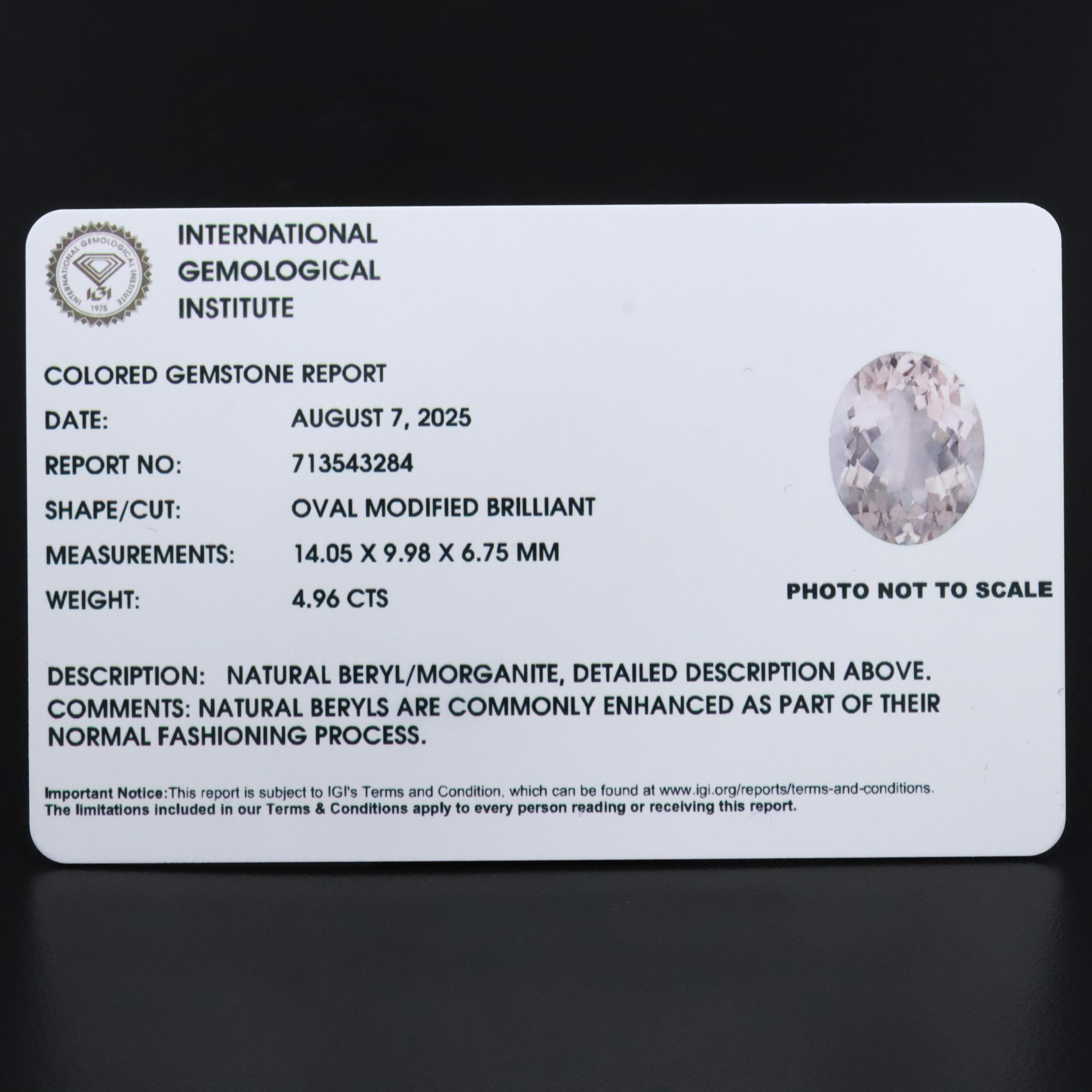 Loose 4.96 CT Morganite with IGI Colored Stone Report