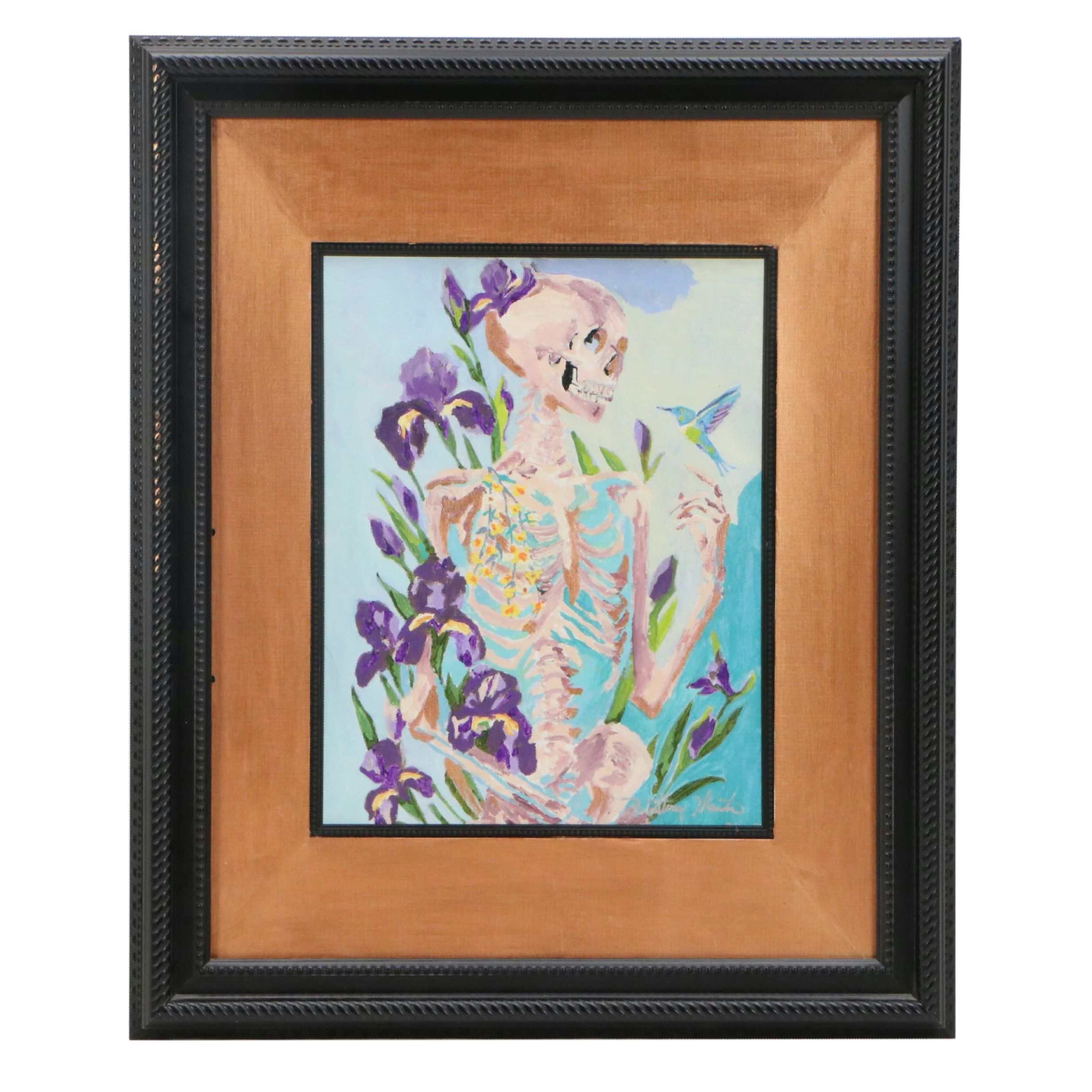Brittony Martin Acrylic Painting of Skeleton with Irises and Hummingbird