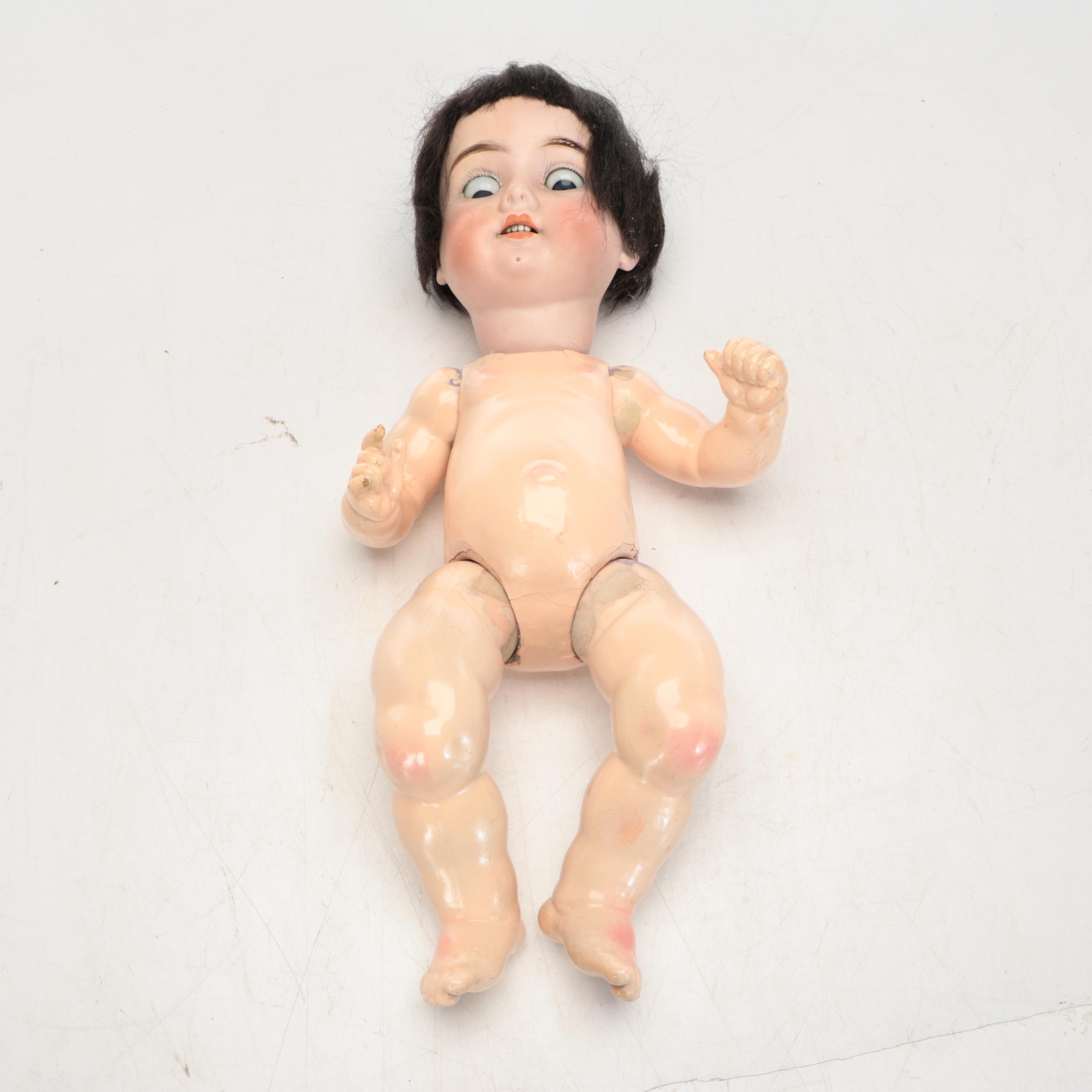 Victorian Style Bisque Doll Head with Voice Box Baby Body and Wicker Stroller