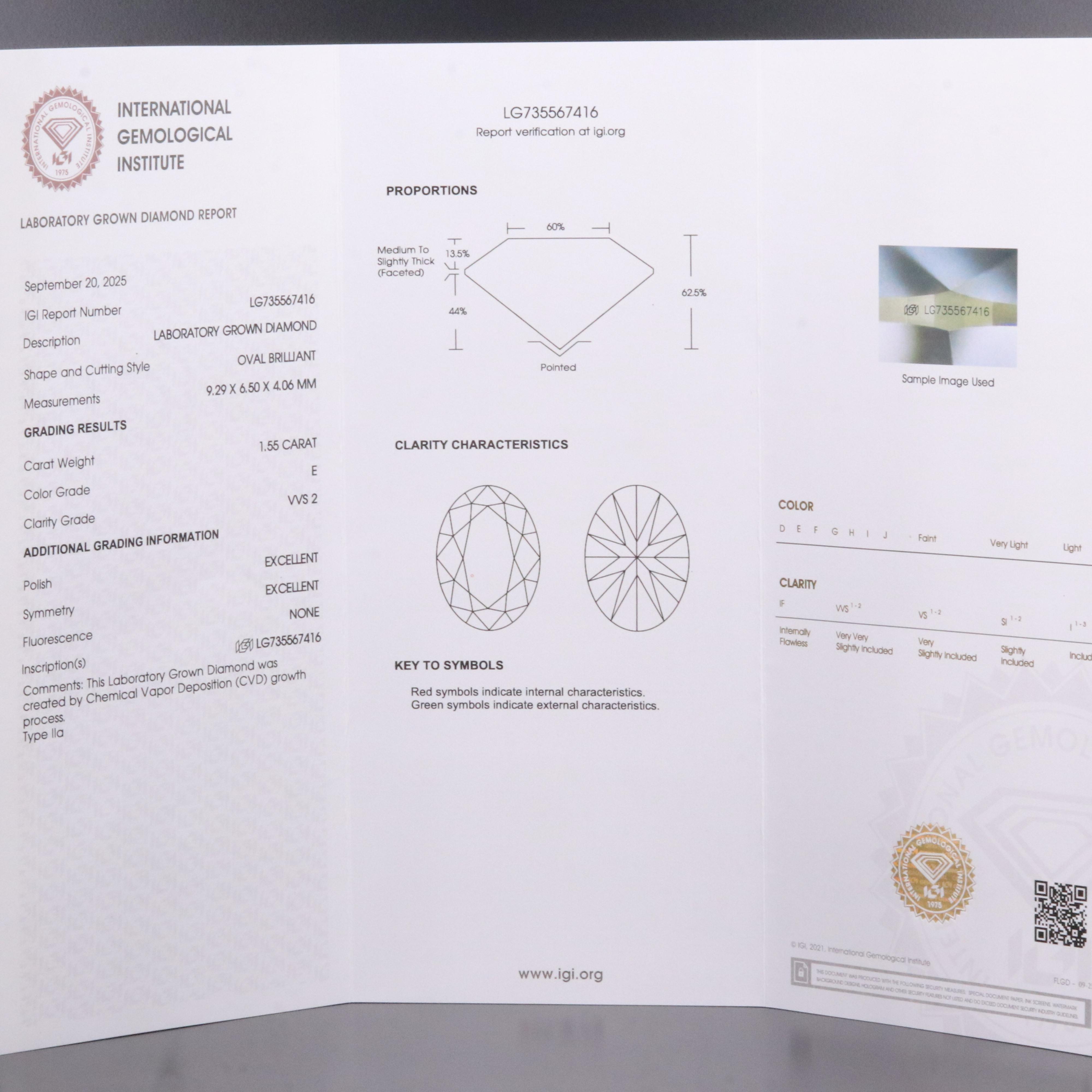 Loose 1.55 CT Lab Grown Diamond with IGI Report