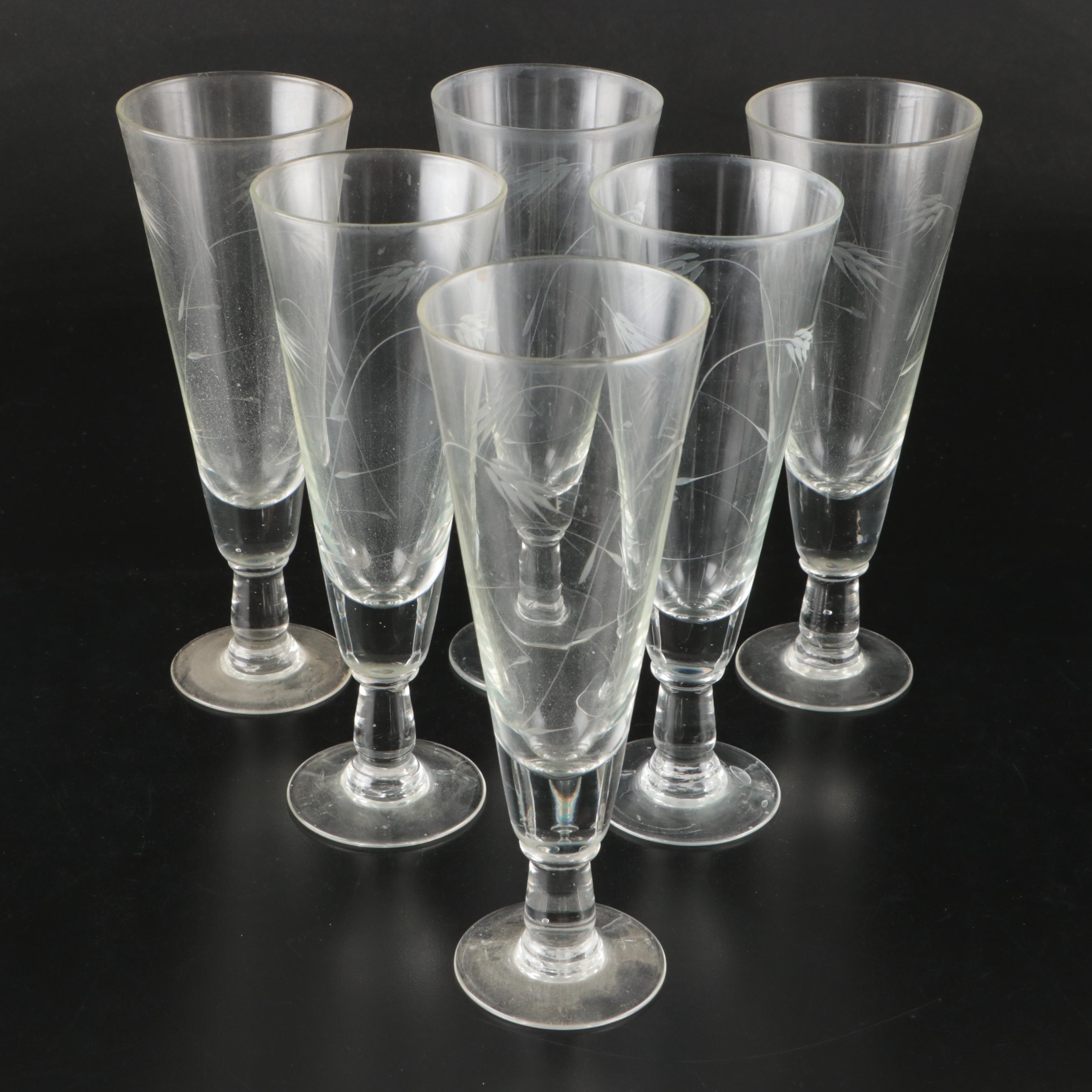 Mid Century Modern Style Etched Wheat Pattern Pilsner Glasses