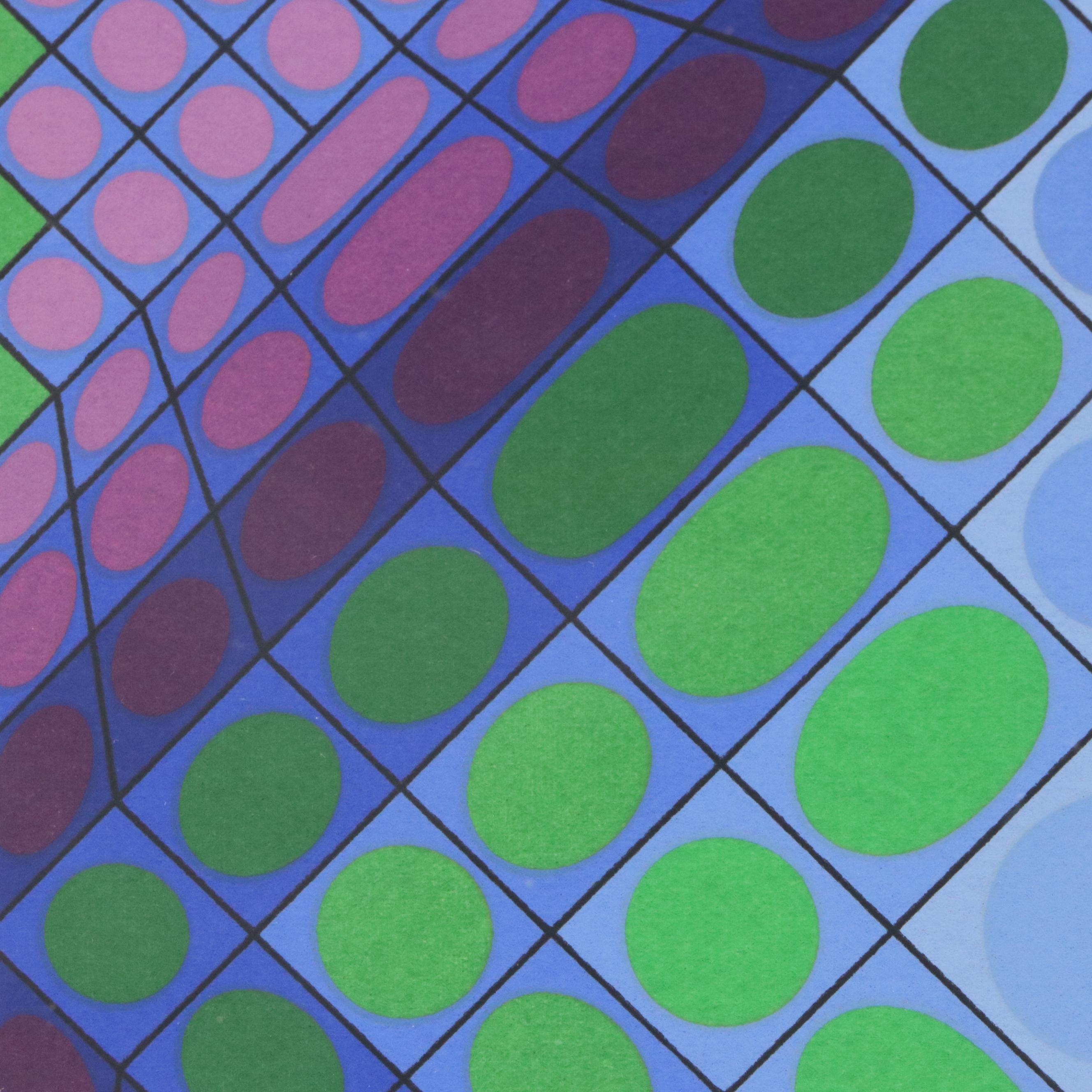 Victor Vasarely Op Art Color Lithograph in Pink and Green, Late 20th Century
