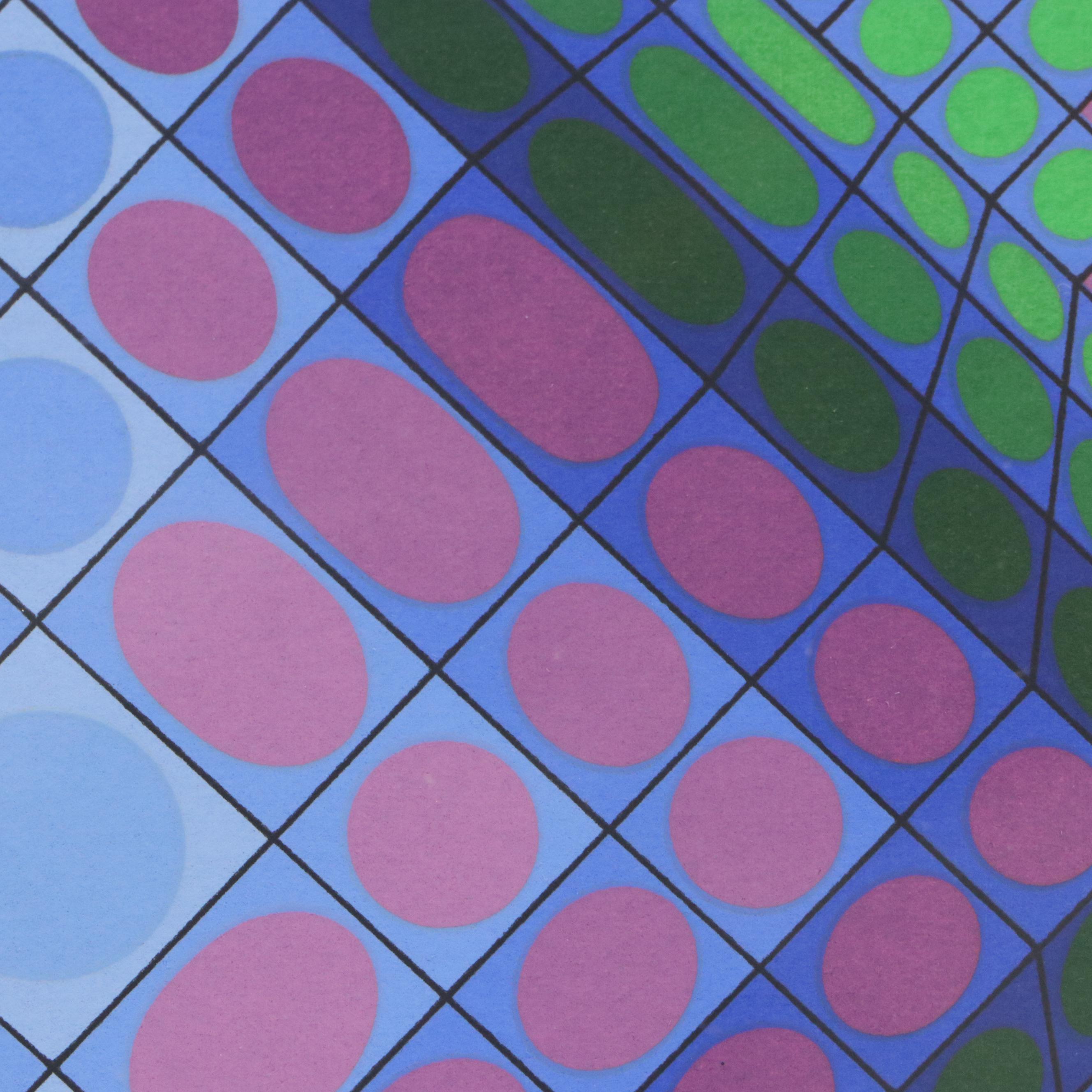 Victor Vasarely Op Art Color Lithograph in Pink and Green, Late 20th Century
