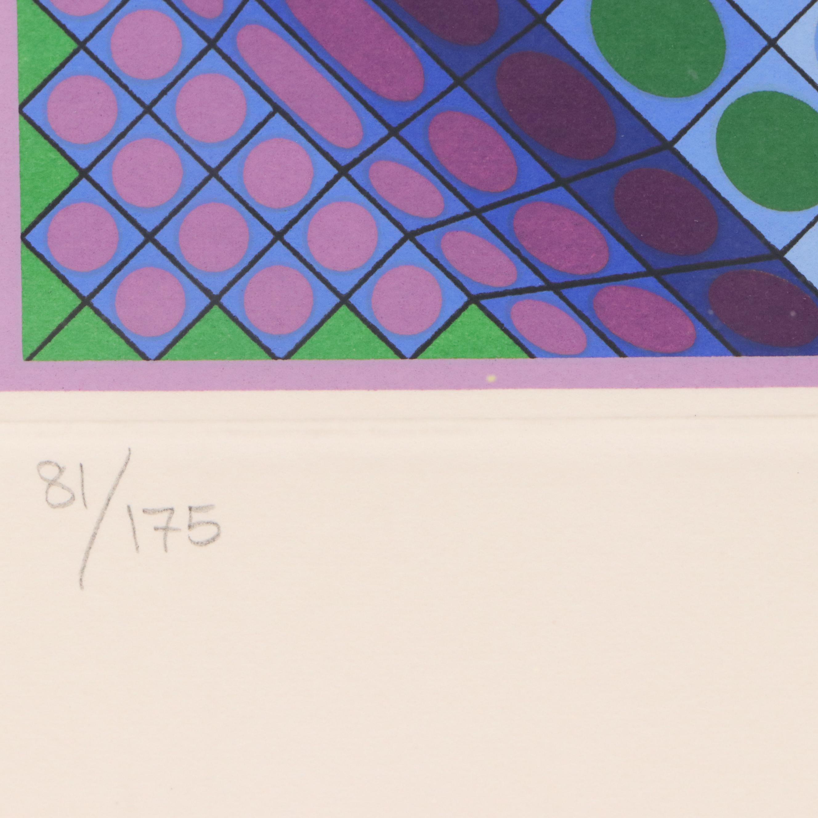 Victor Vasarely Op Art Color Lithograph in Pink and Green, Late 20th Century