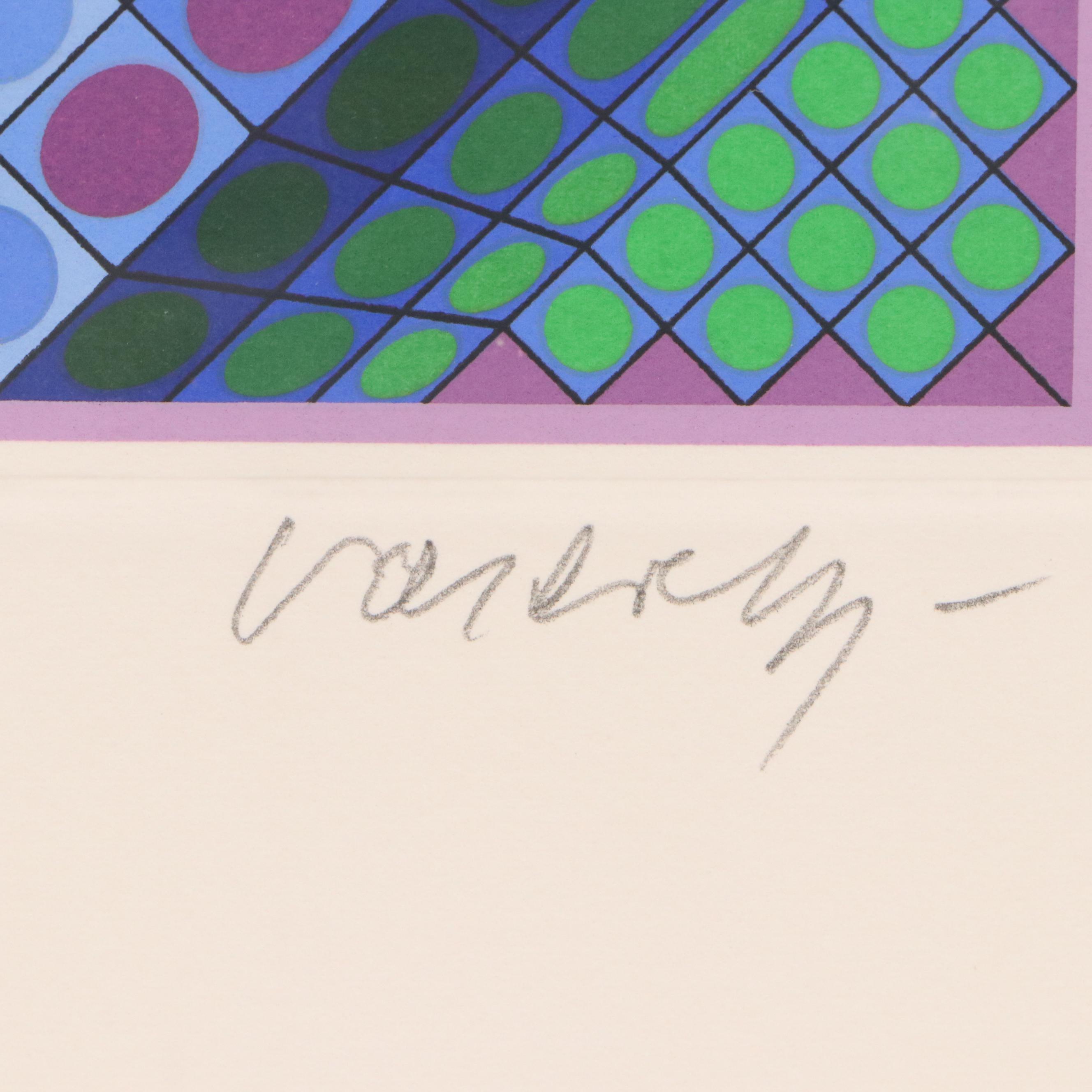Victor Vasarely Op Art Color Lithograph in Pink and Green, Late 20th Century