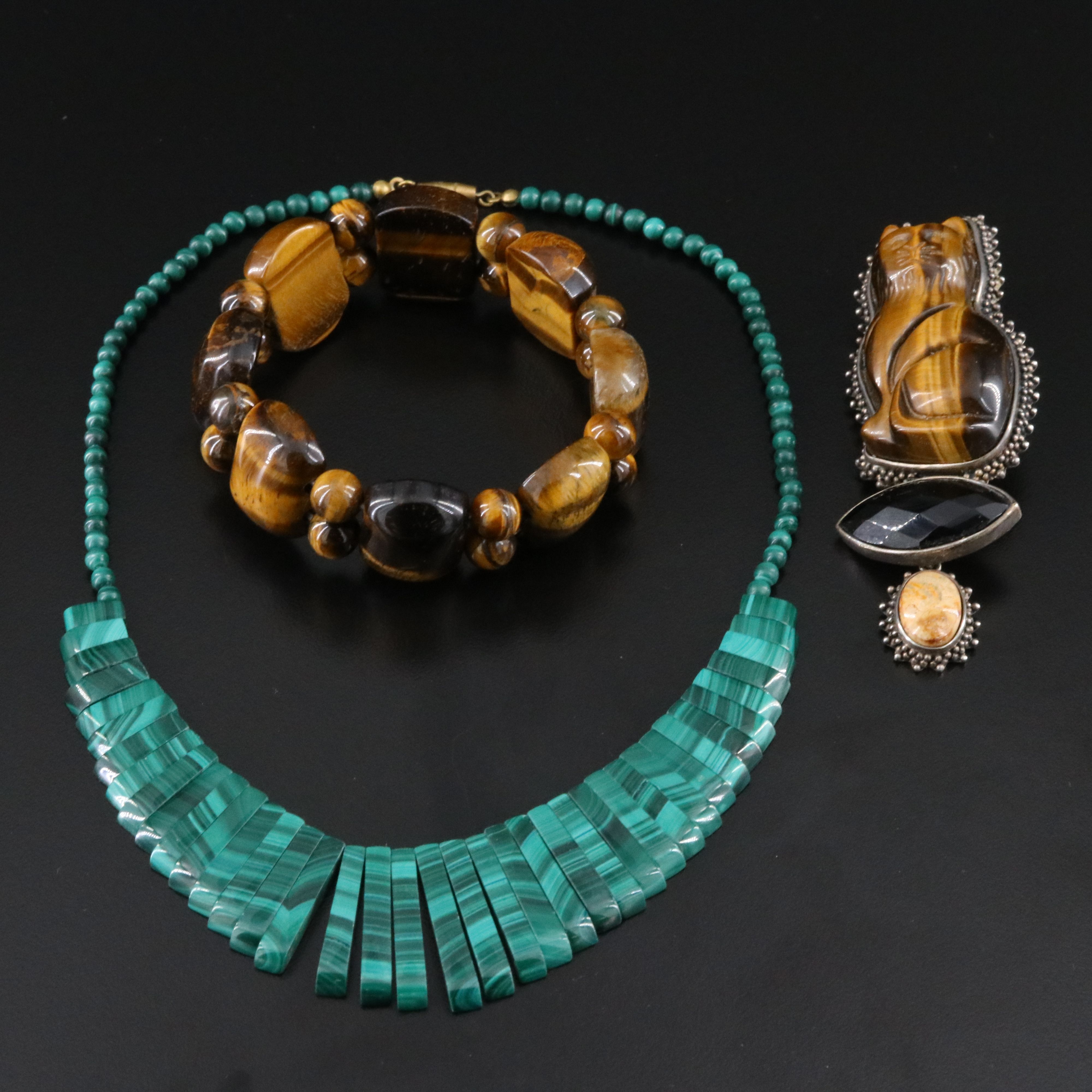 Amy Kahn Russell Gemstone Cat Converter Brooch, Fringe Necklace and Bracelet