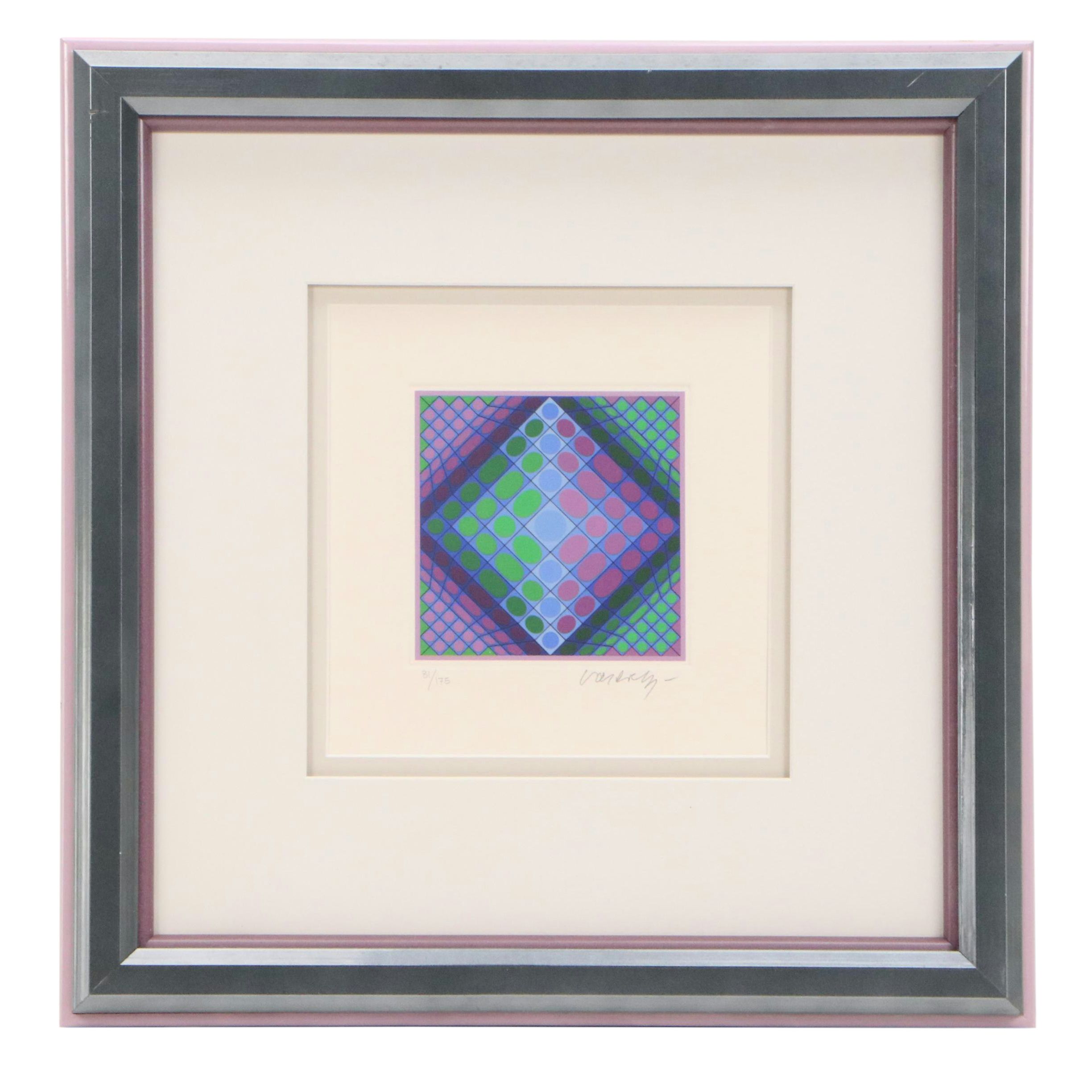 Victor Vasarely Op Art Color Lithograph in Pink and Green, Late 20th Century