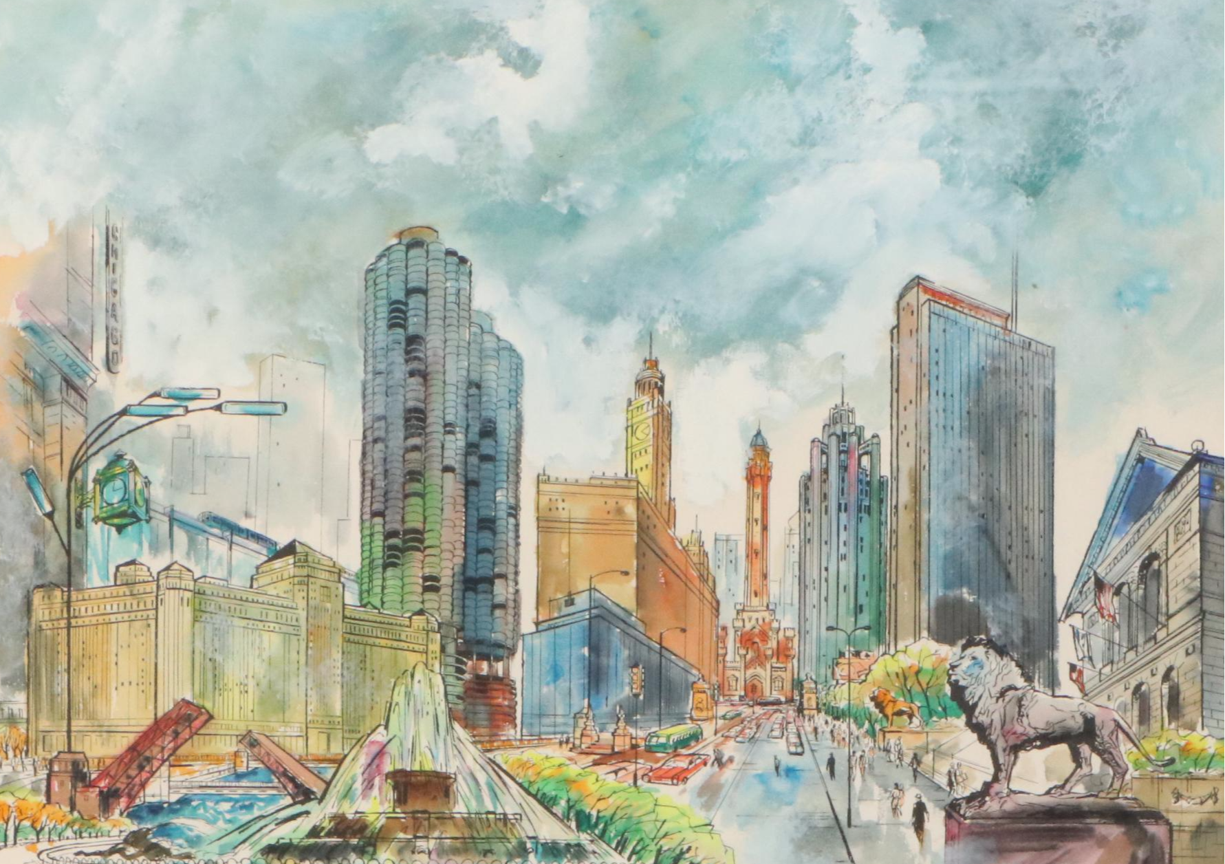 James Axelrod Style Ink and Watercolor Painting of Chicago Skyline