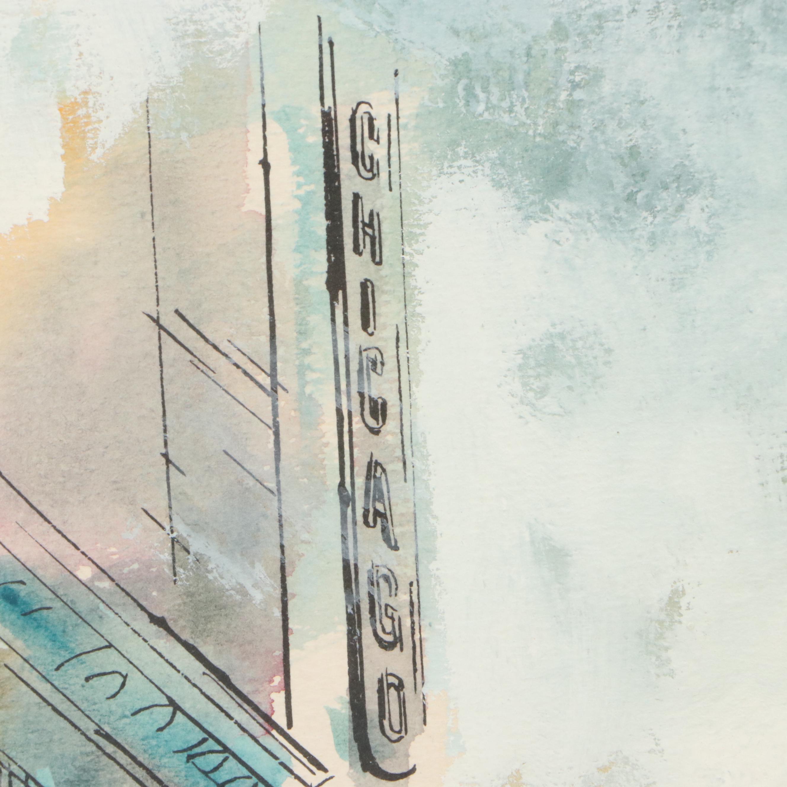 James Axelrod Style Ink and Watercolor Painting of Chicago Skyline