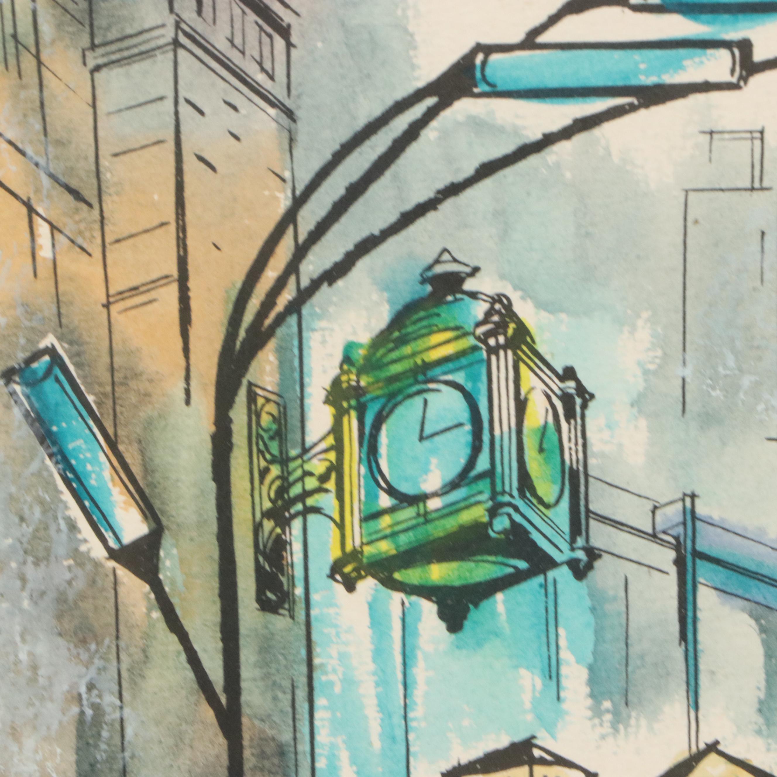 James Axelrod Style Ink and Watercolor Painting of Chicago Skyline