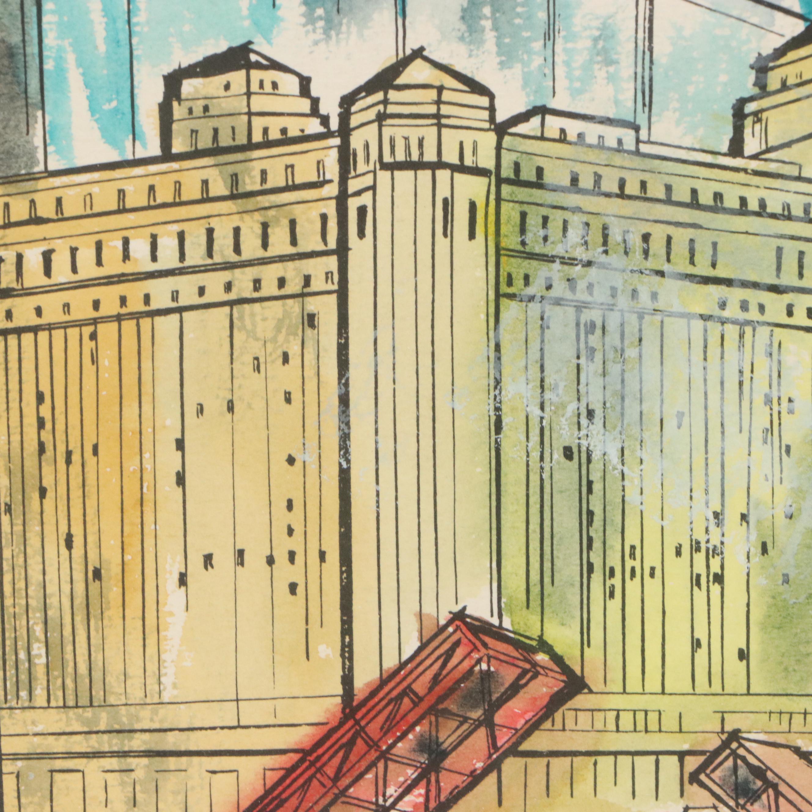 James Axelrod Style Ink and Watercolor Painting of Chicago Skyline