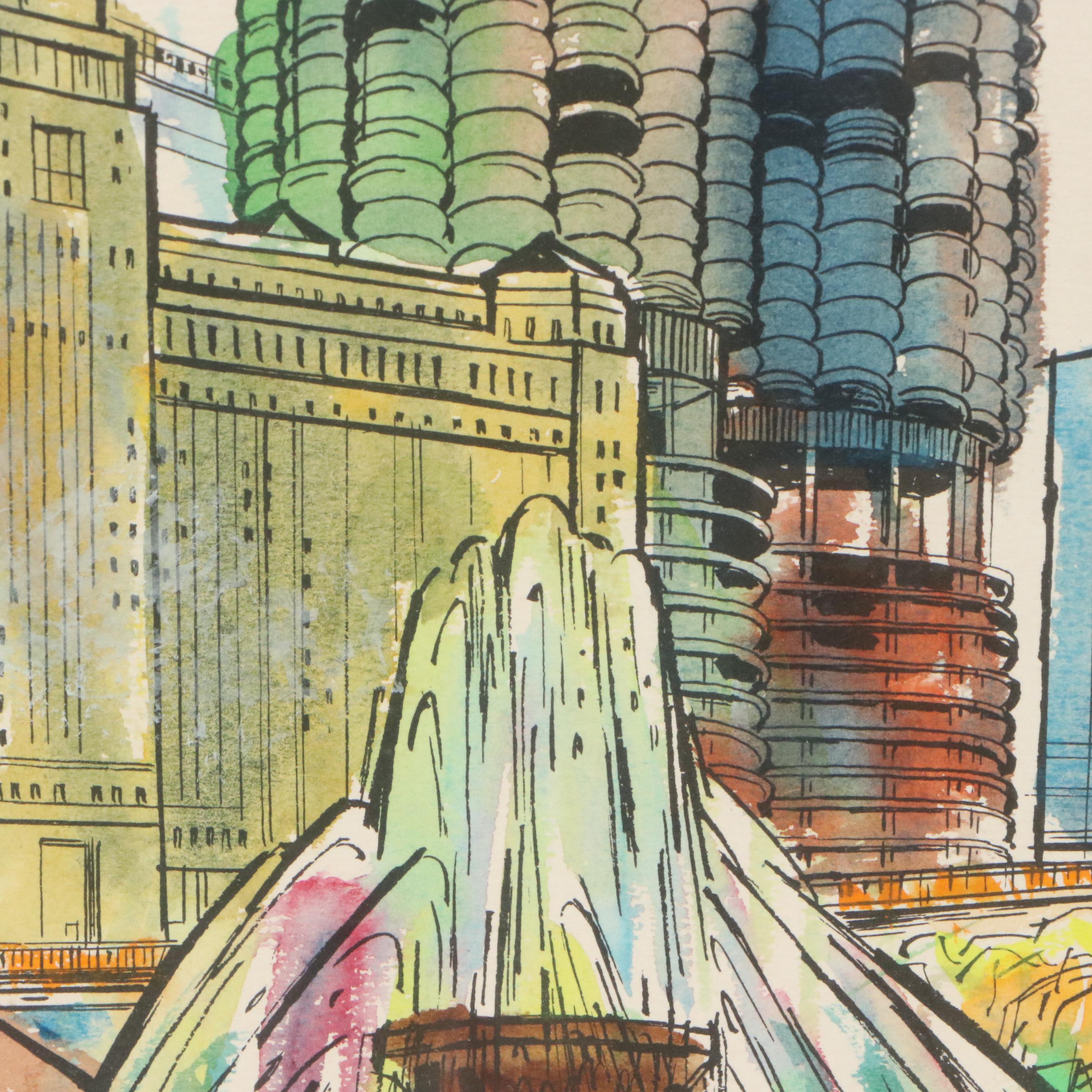 James Axelrod Style Ink and Watercolor Painting of Chicago Skyline