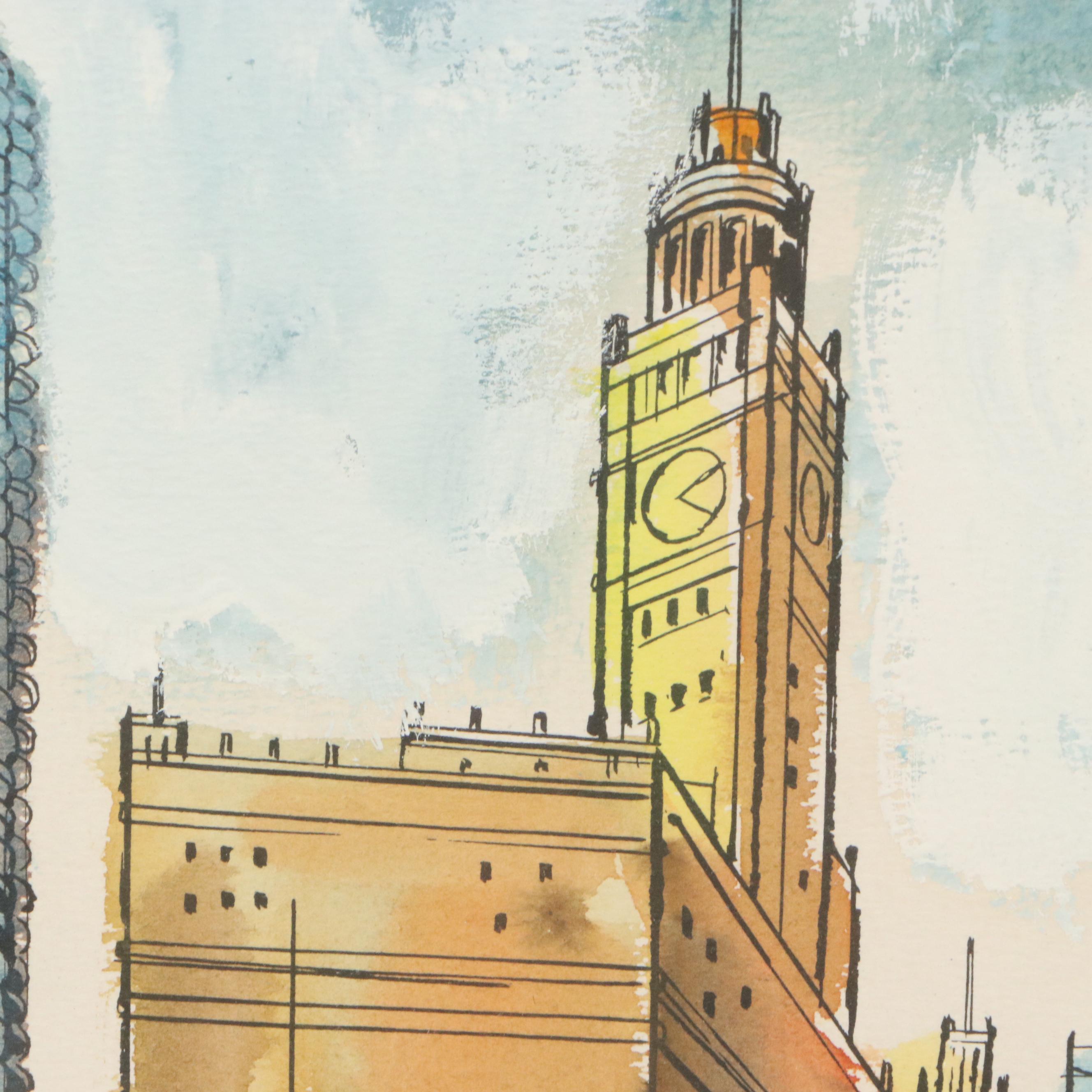 James Axelrod Style Ink and Watercolor Painting of Chicago Skyline