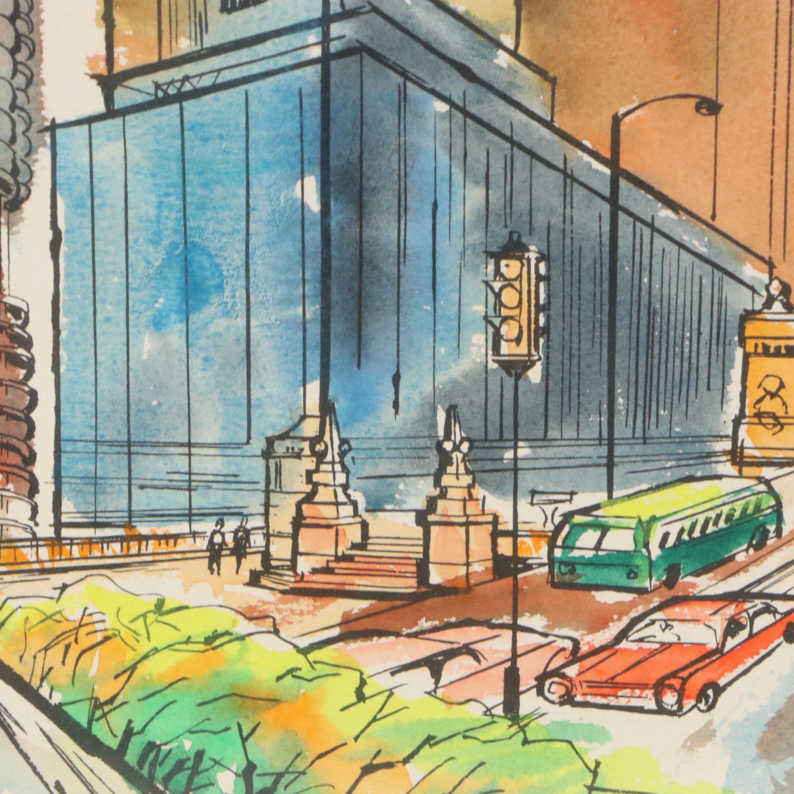 James Axelrod Style Ink and Watercolor Painting of Chicago Skyline