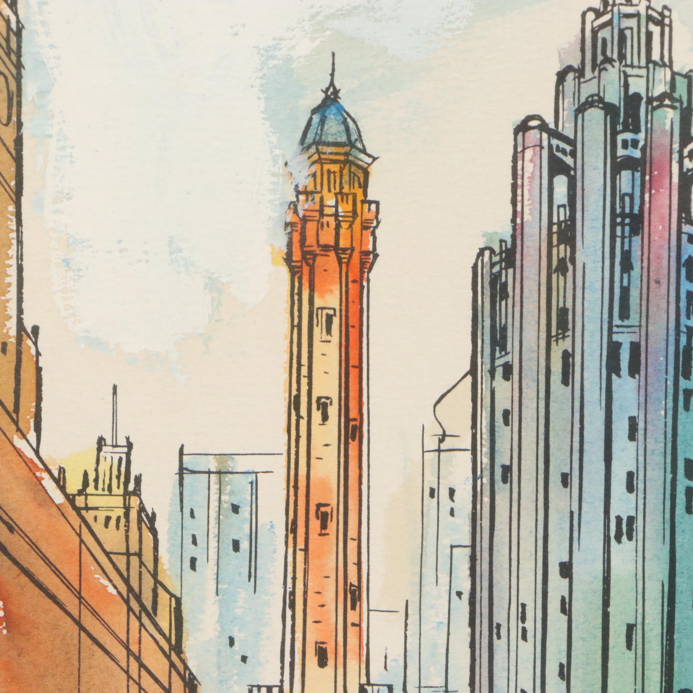 James Axelrod Style Ink and Watercolor Painting of Chicago Skyline